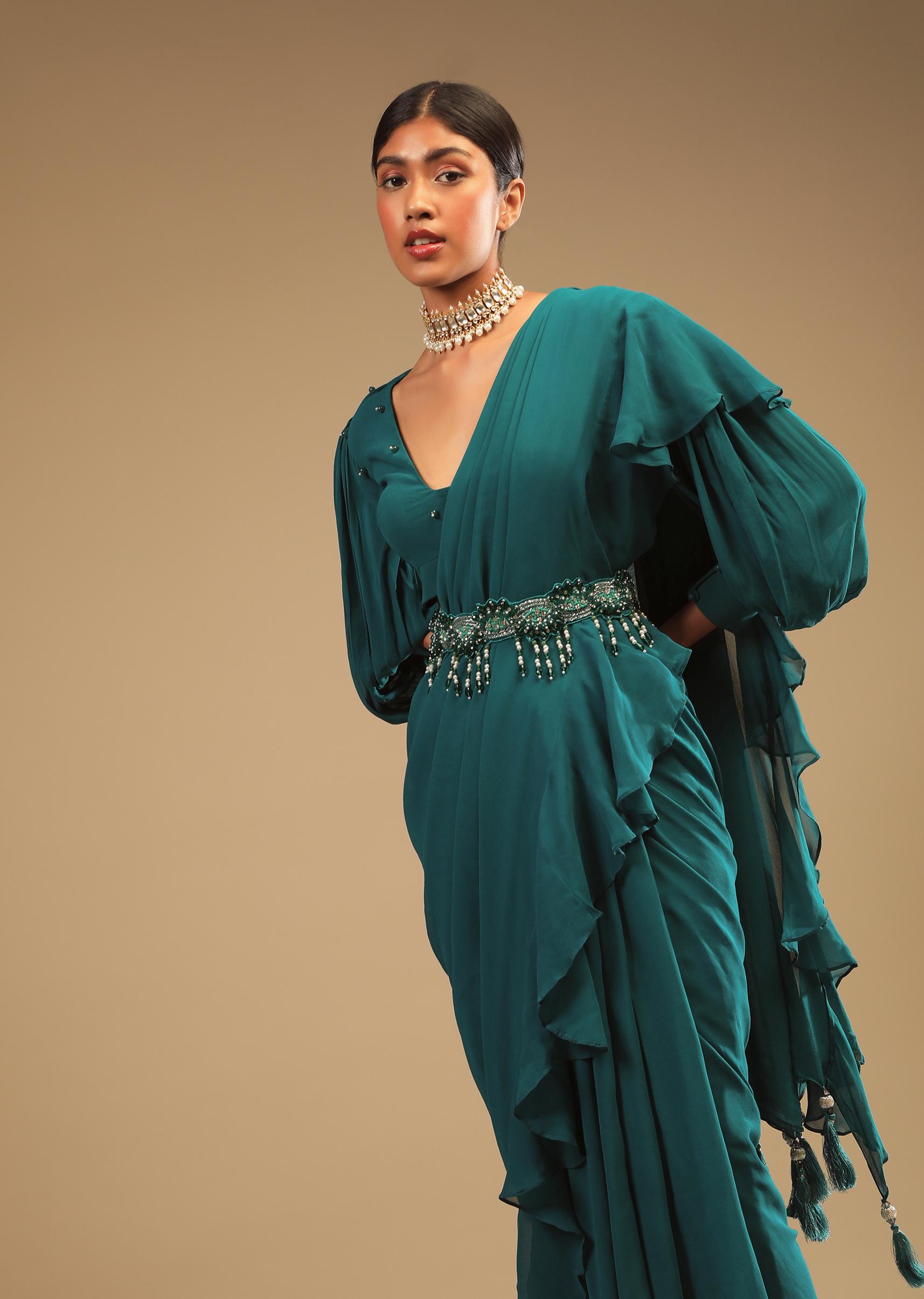 Kalki Fashion,M001AT384Y-SG67110,Teal Blue Saree In Georgette With Ruffle Frill And A Chunky Embroidered Belt