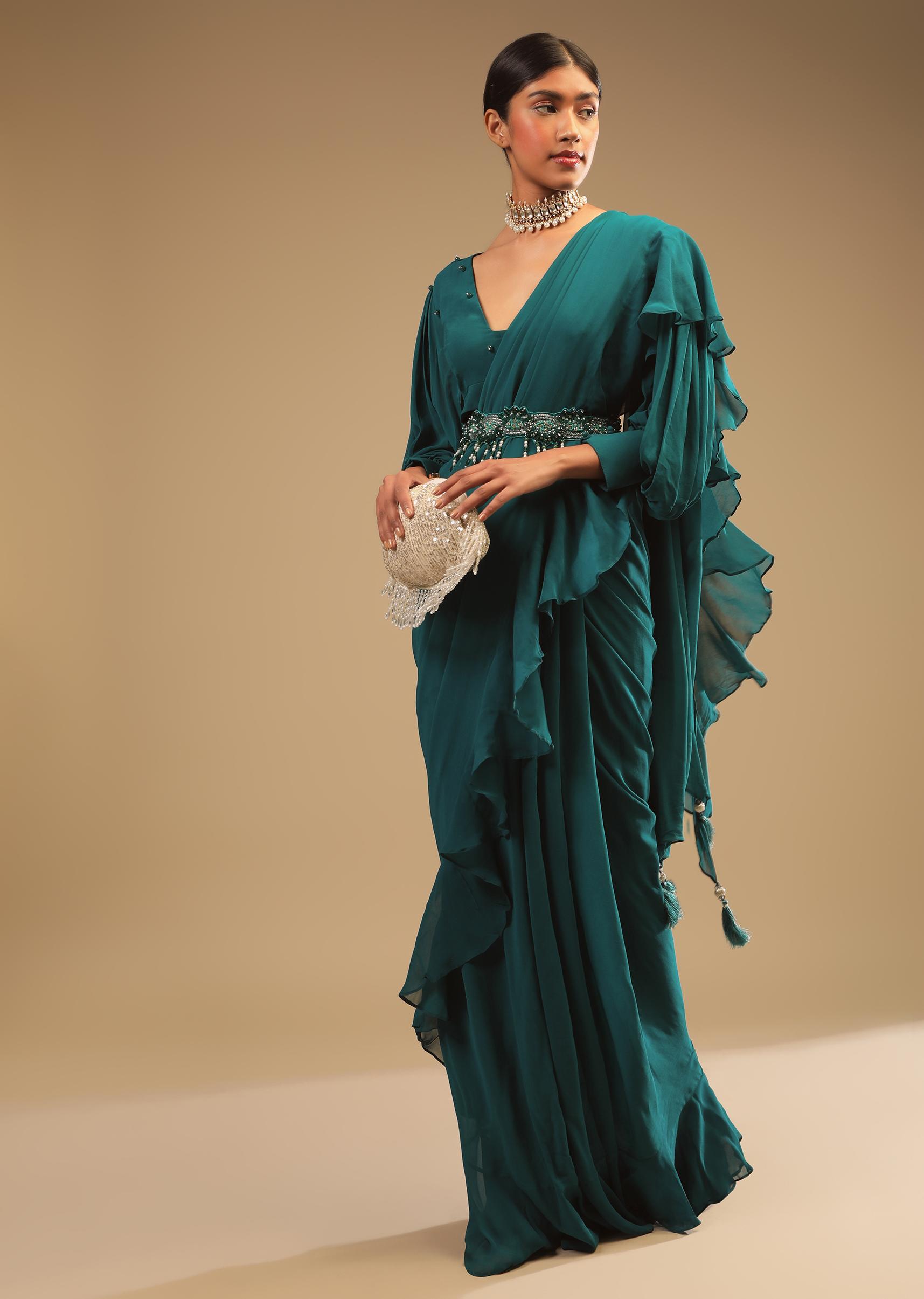 Kalki Fashion,M001AT384Y-SG67110,Teal Blue Saree In Georgette With Ruffle Frill And A Chunky Embroidered Belt