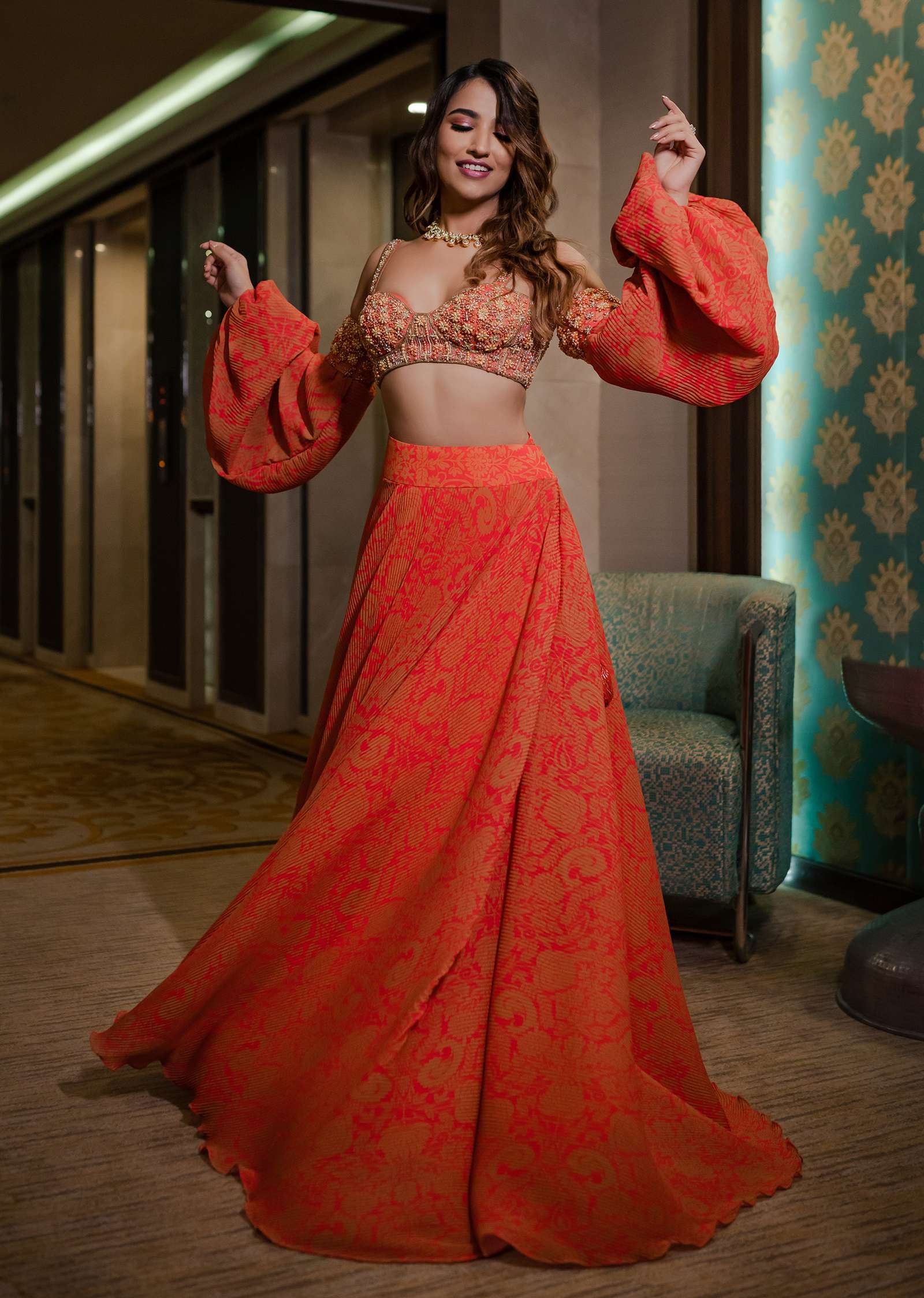 Kinjal Bhanushali Vaunting Rose Red Printed Lehenga With Embroidered Blouse