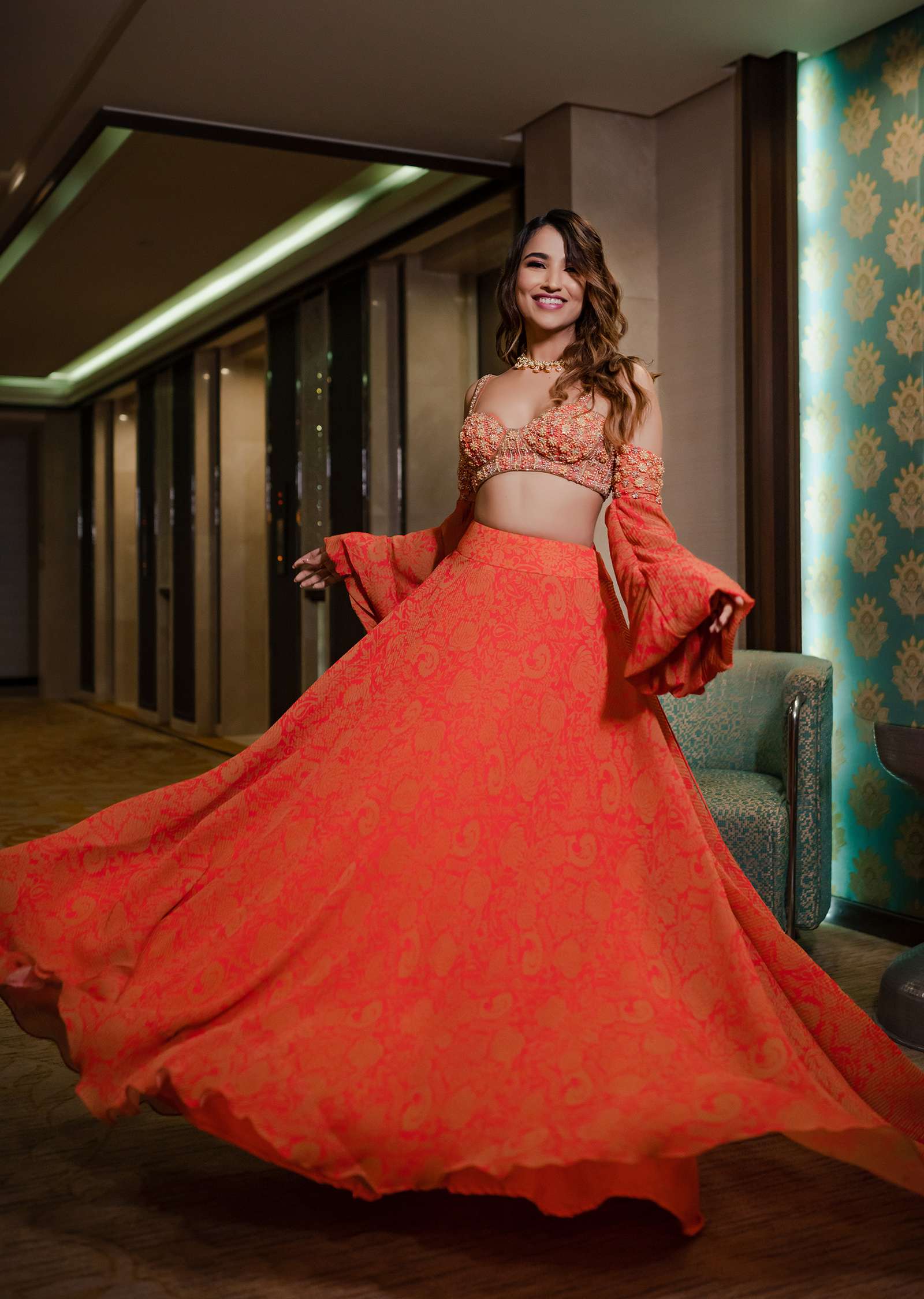 Kinjal Bhanushali Vaunting Rose Red Printed Lehenga With Embroidered Blouse