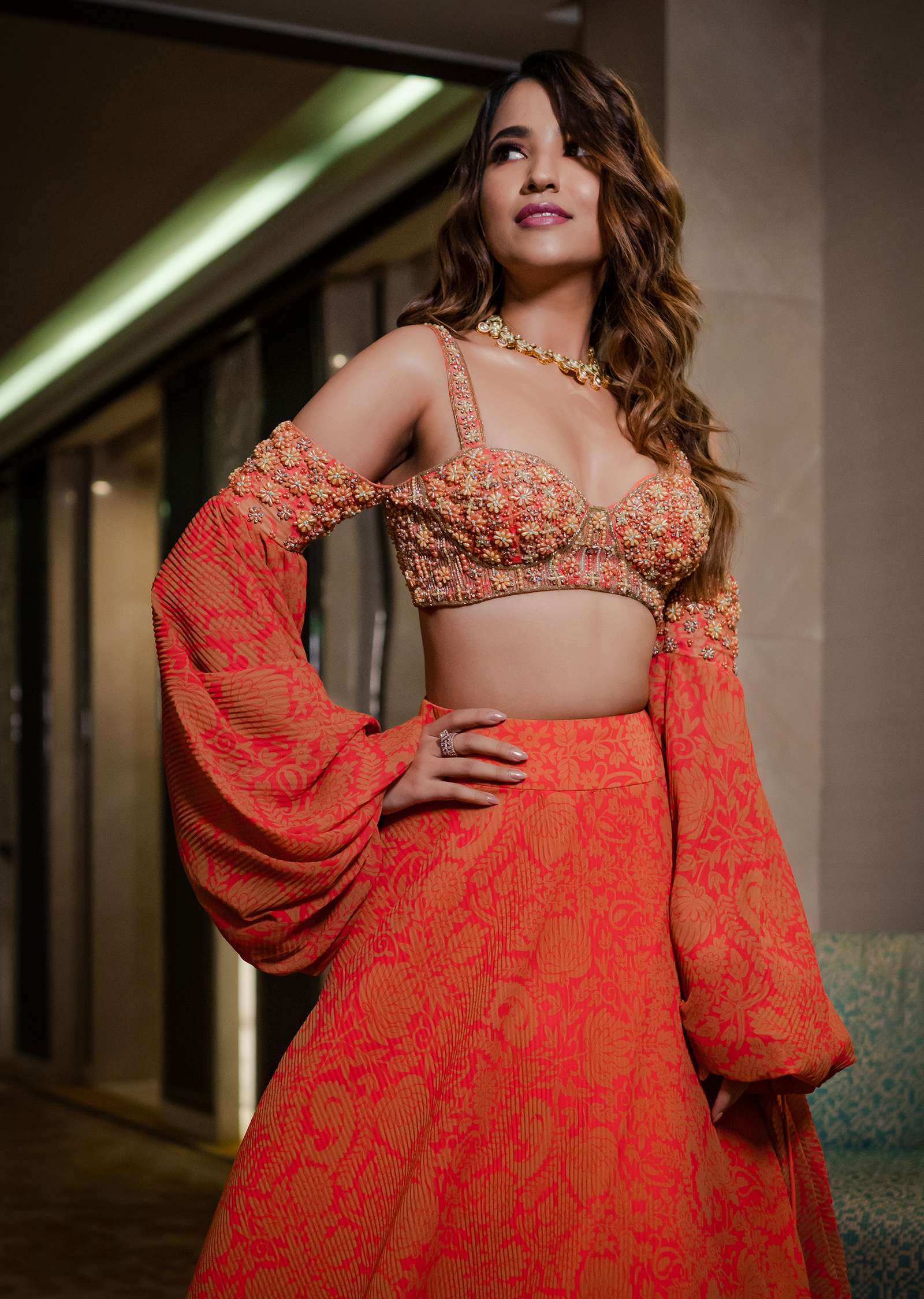 Kinjal Bhanushali Vaunting Rose Red Printed Lehenga With Embroidered Blouse