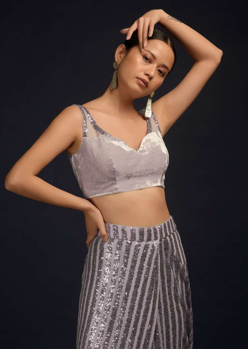 Lavender Ready Pleated Saree In Net With Sequin Embellished Stripes And Velvet Crop Top With Sequins On The Shoulders