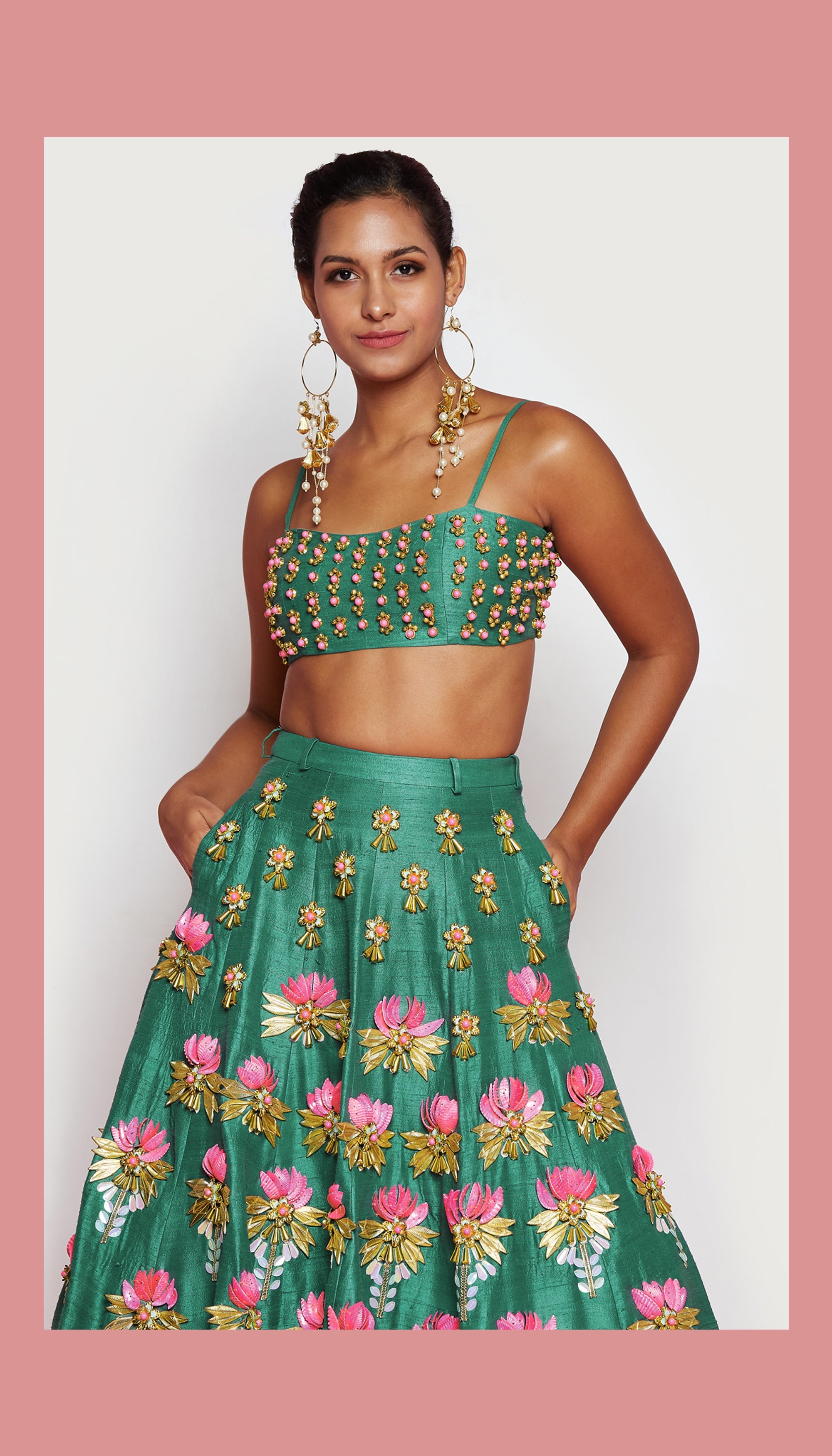 Sacred Lotus - Dark Green Embellished Half Lehenga Set