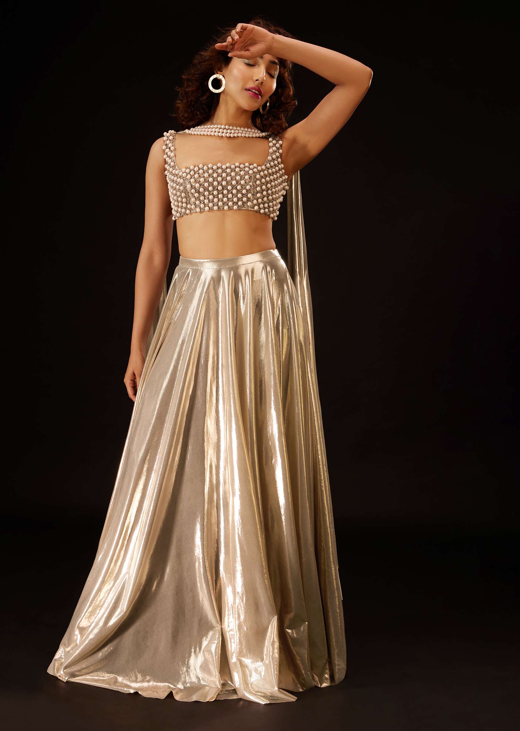 Metallic Gold Skirt And Top Set With Pearl Dupatta - Deme X Kalki