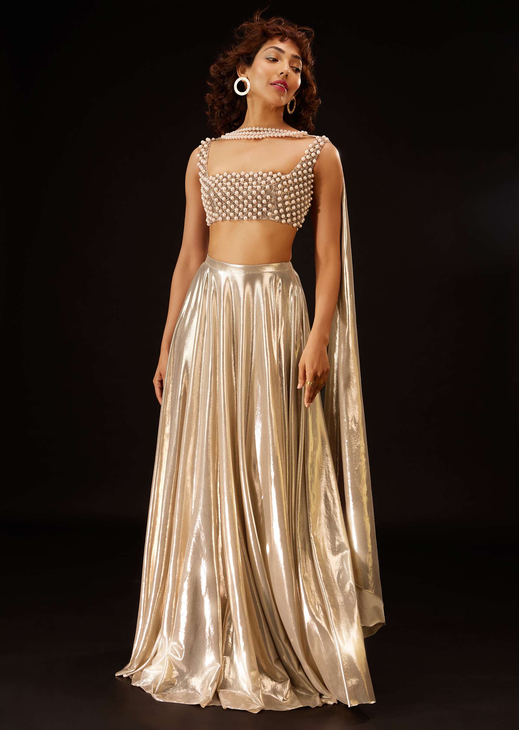 Metallic Gold Skirt And Top Set With Pearl Dupatta - Deme X Kalki