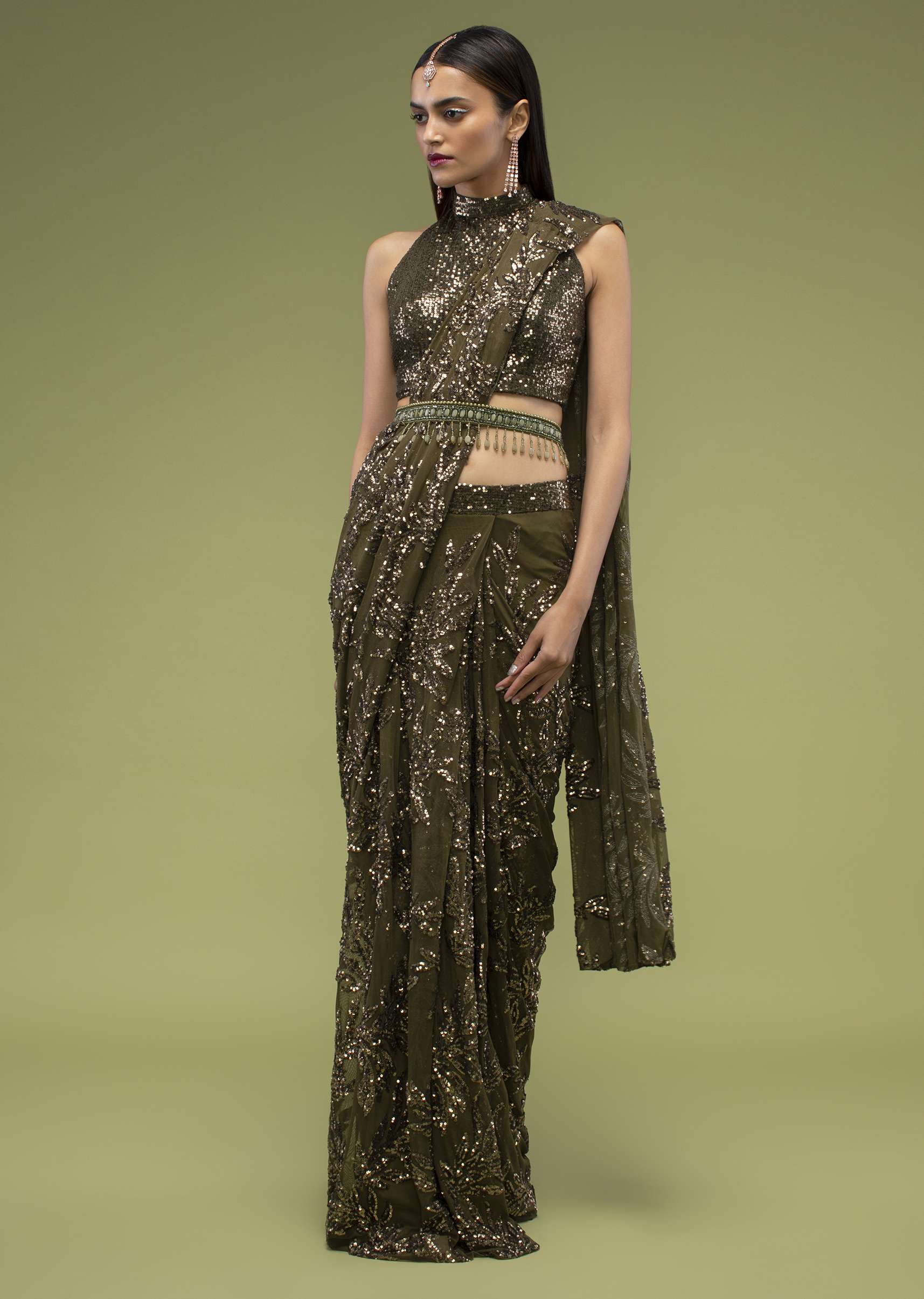 Military Olive Ready Pleated Saree In Sequins Embroidery, Crafted In Net With Side Zip Closure