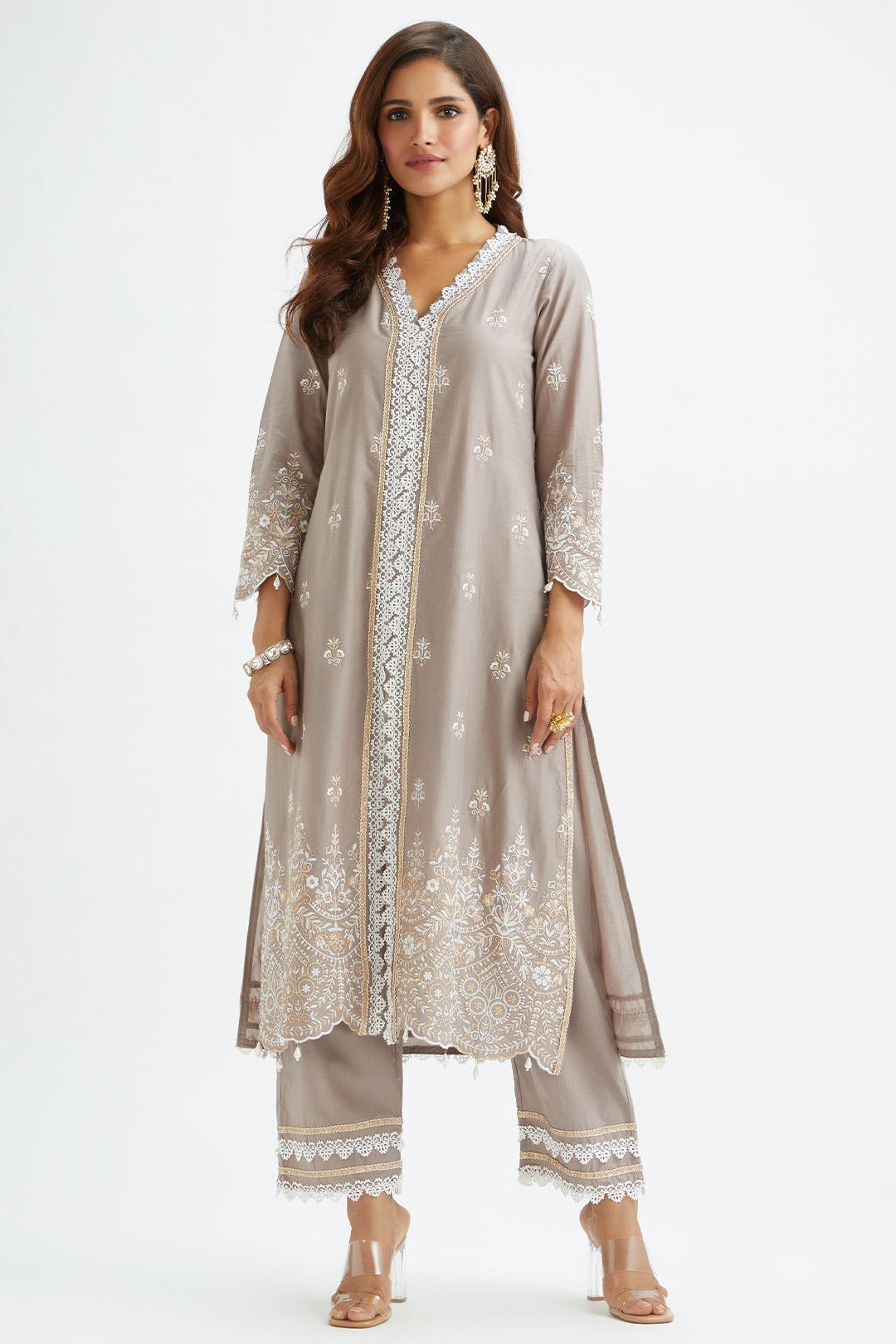 Mulmul Cotton Swan Grey Kurta With Swan Grey Pant