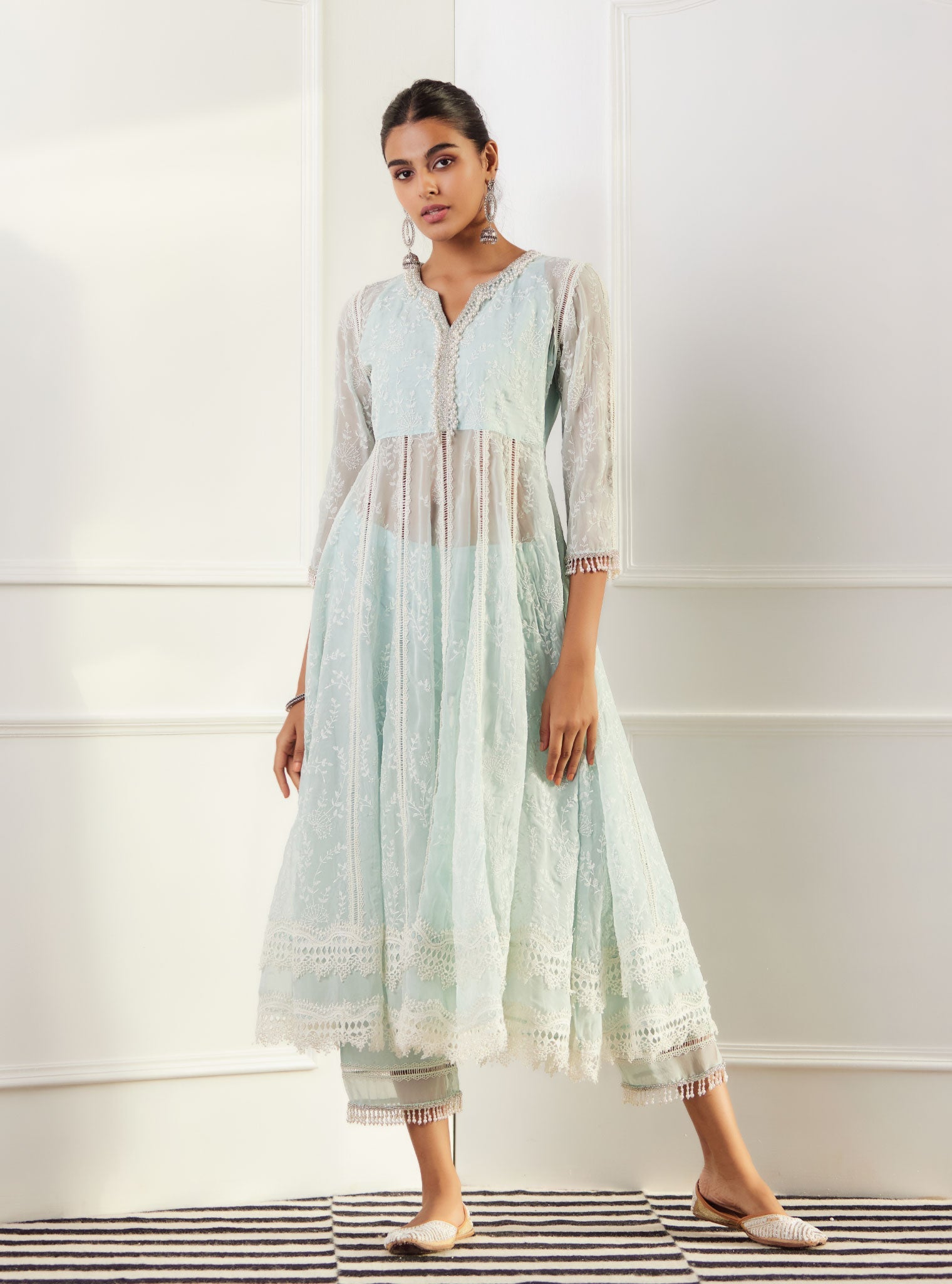 Mulmul Organza Twyla Light Blue Kurta With Mulmul Cotton Twyla Light Blue Pant