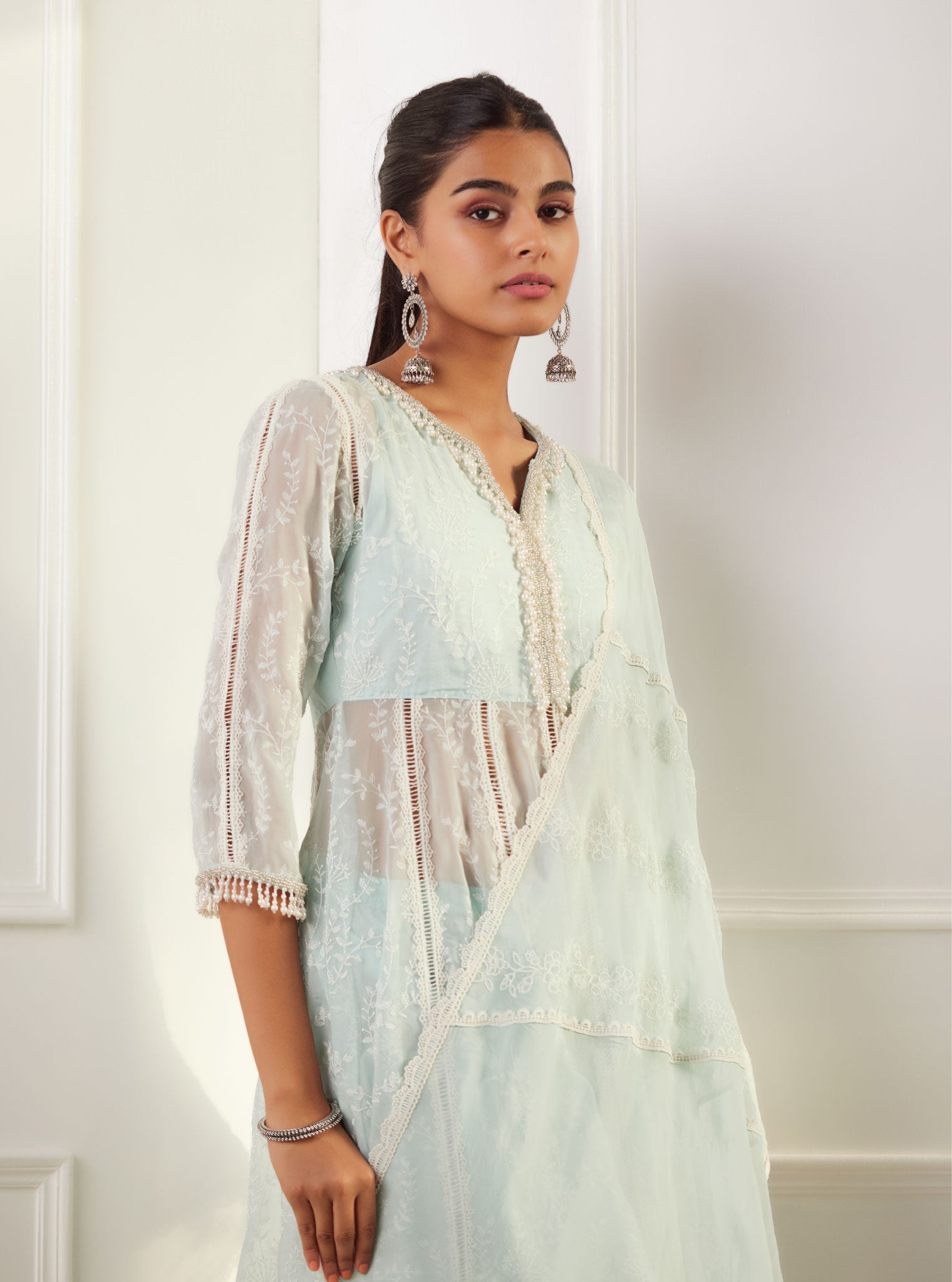 Mulmul Organza Twyla Light Blue Kurta With Mulmul Cotton Twyla Light Blue Pant