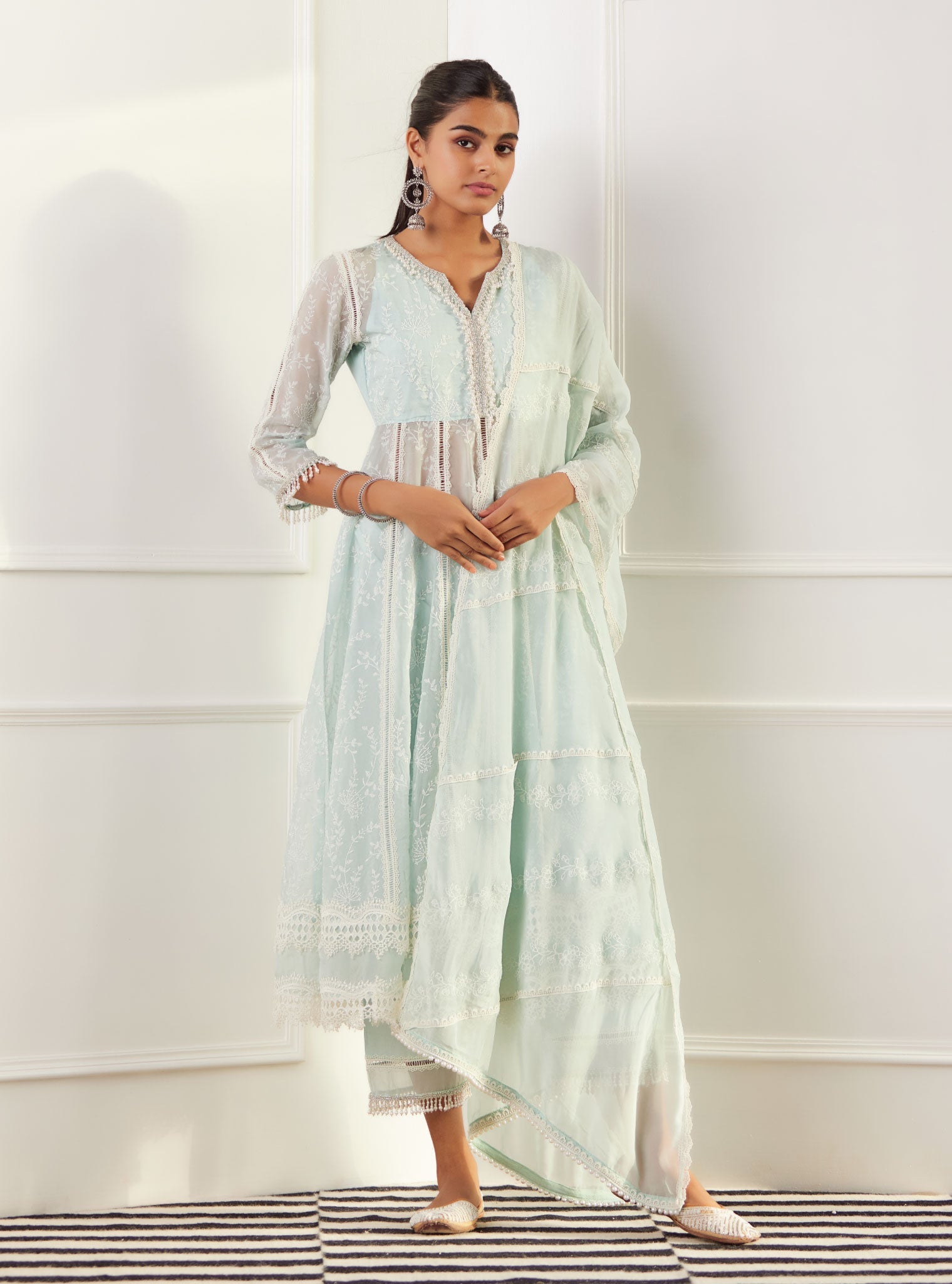 Mulmul Organza Twyla Light Blue Kurta With Mulmul Cotton Twyla Light Blue Pant