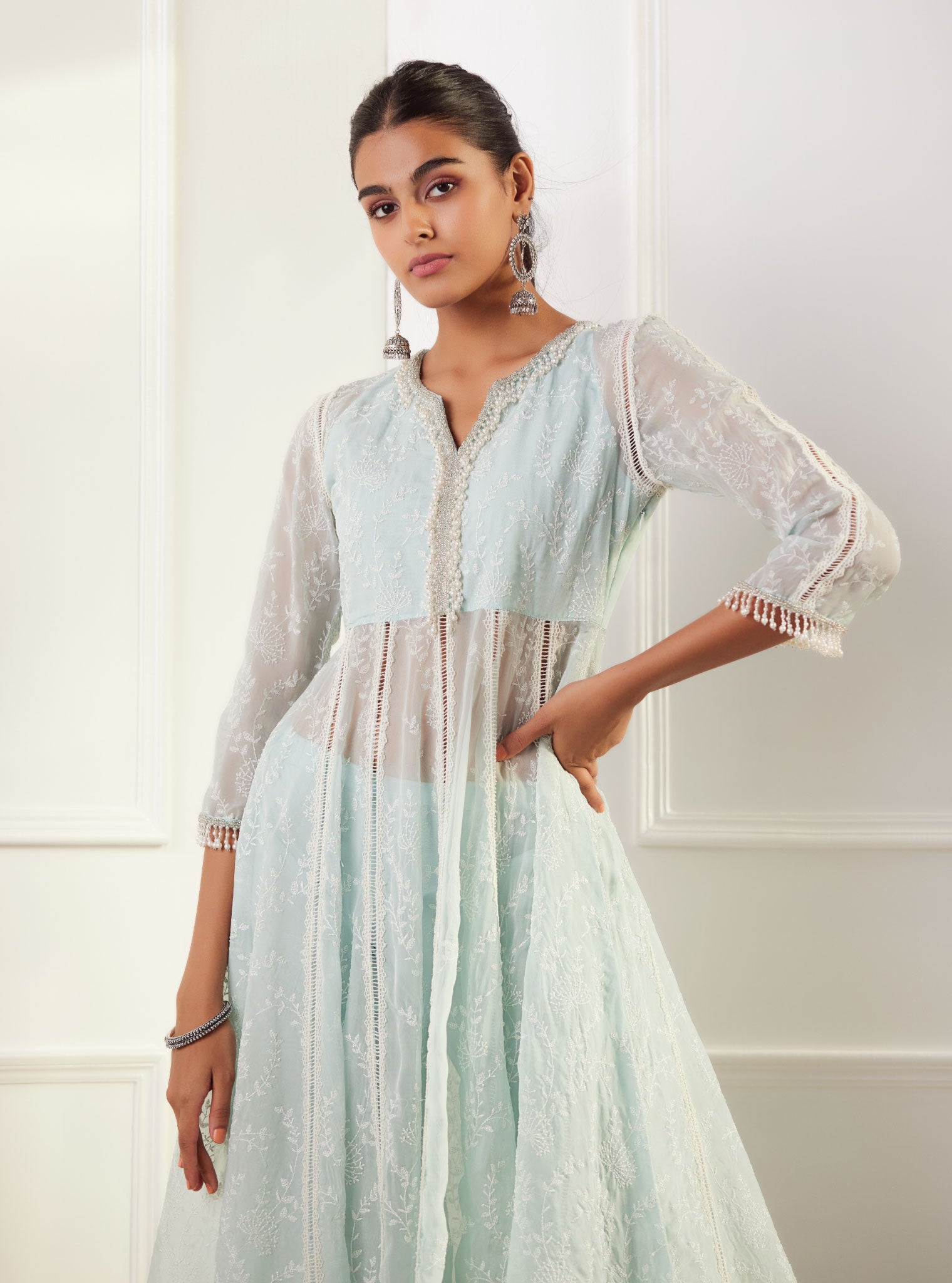 Mulmul Organza Twyla Light Blue Kurta With Mulmul Cotton Twyla Light Blue Pant