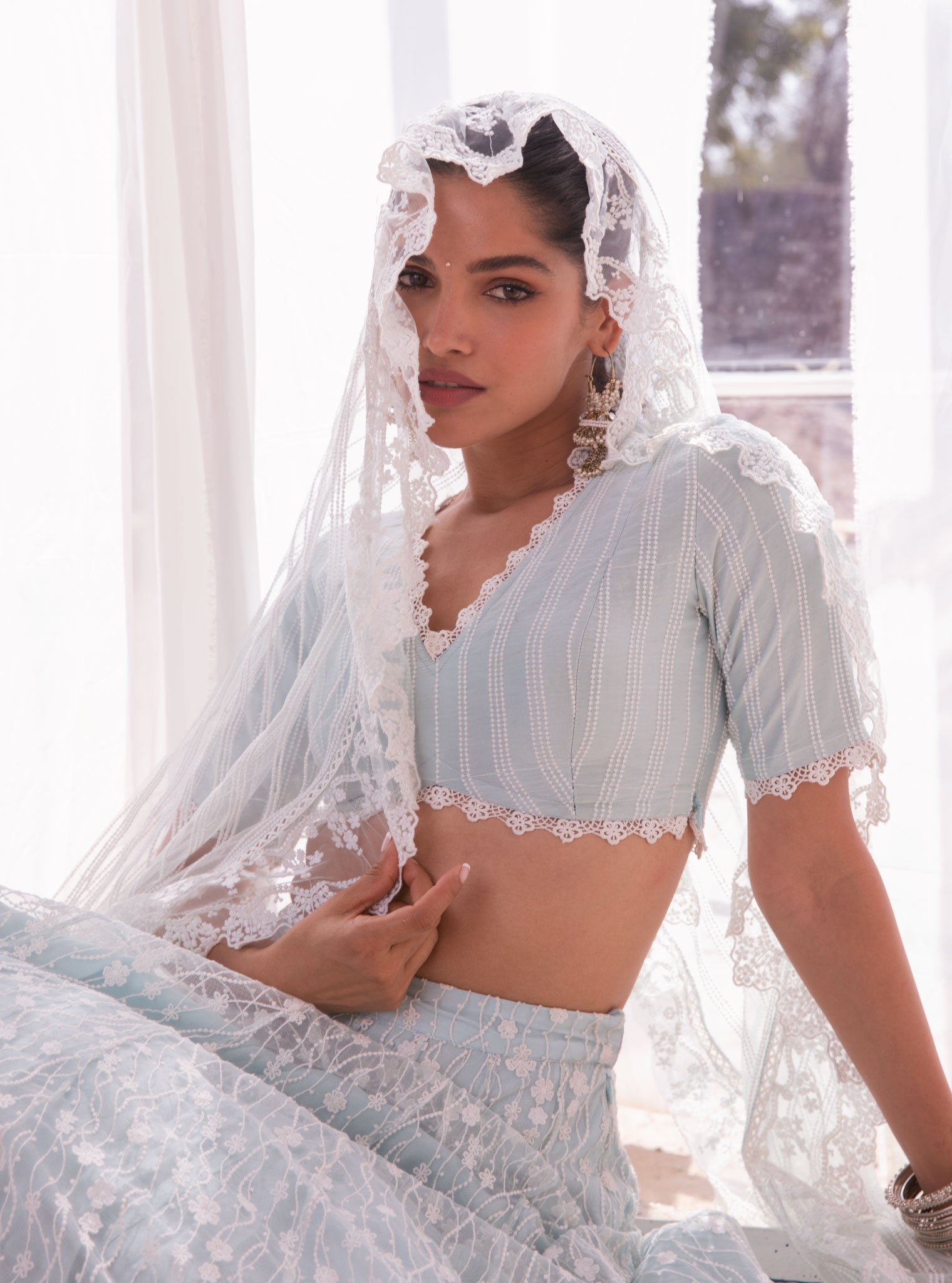 Mulmul Kasauli Blue Net Lehenga – Roop's Couture