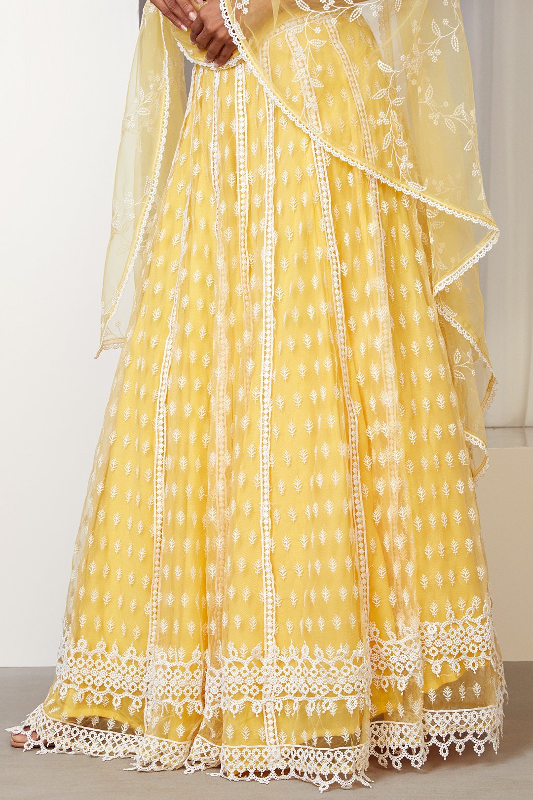 Mulmul Vista Net Yellow Lehenga