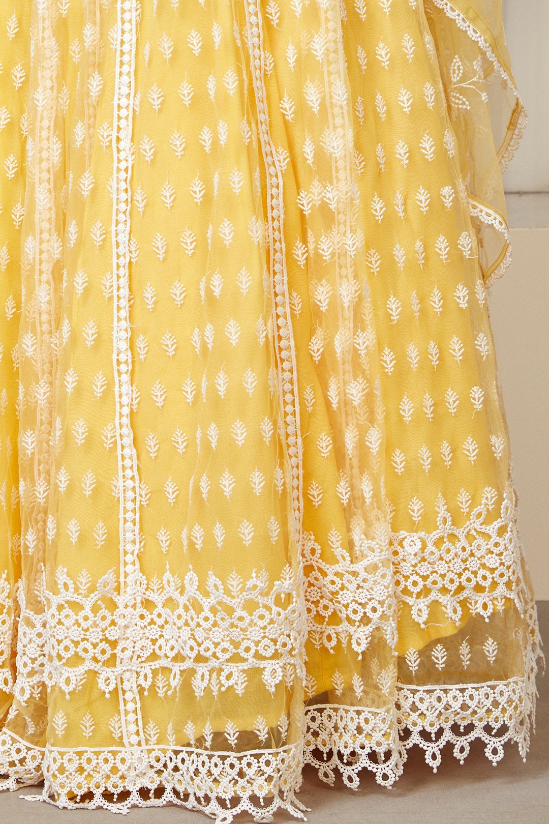 Mulmul Vista Net Yellow Lehenga