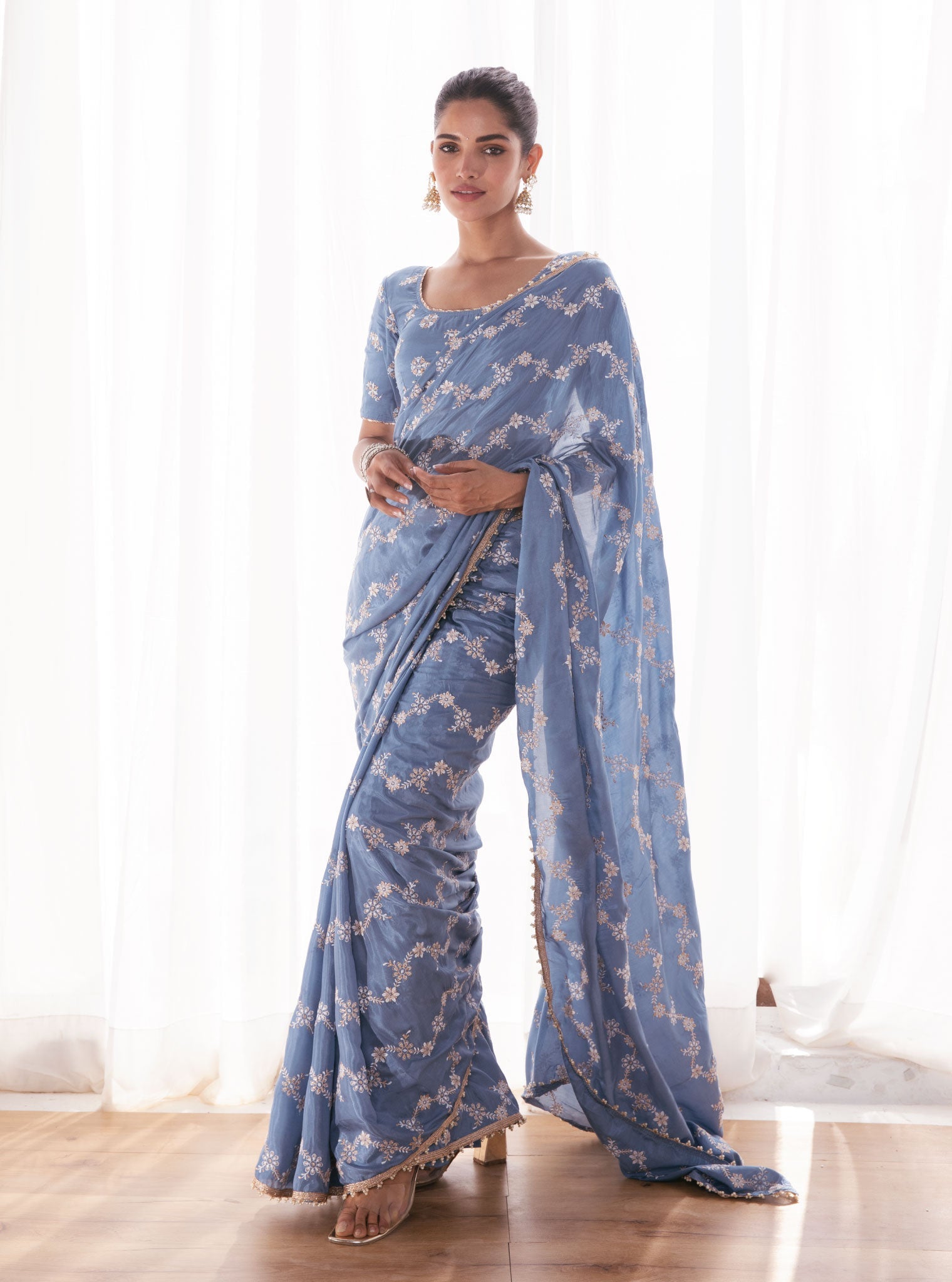 Mulmul Japanese Silk Pelling Blue Saree