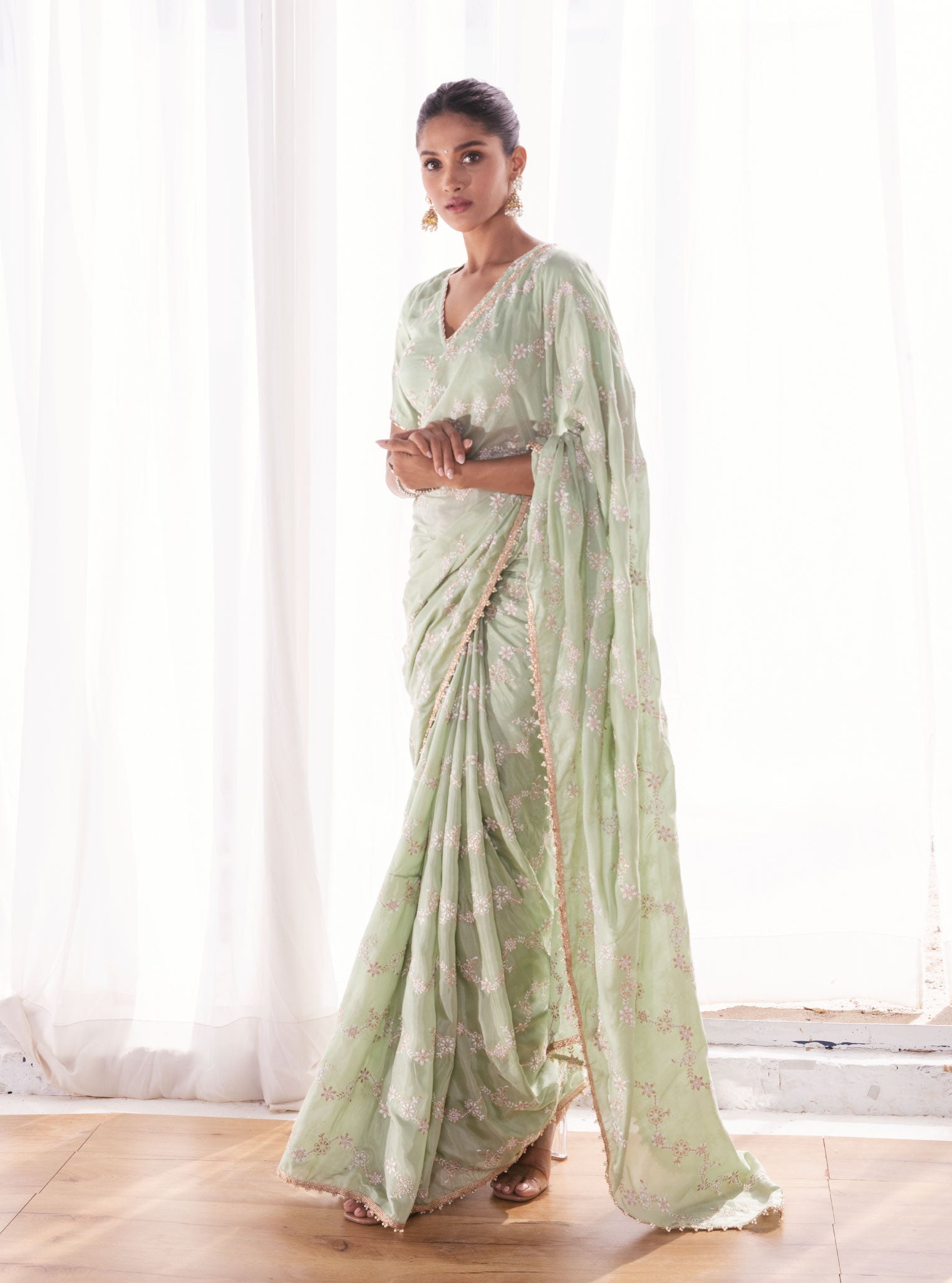 Mulmul Japanese Silk Pelling Green Saree