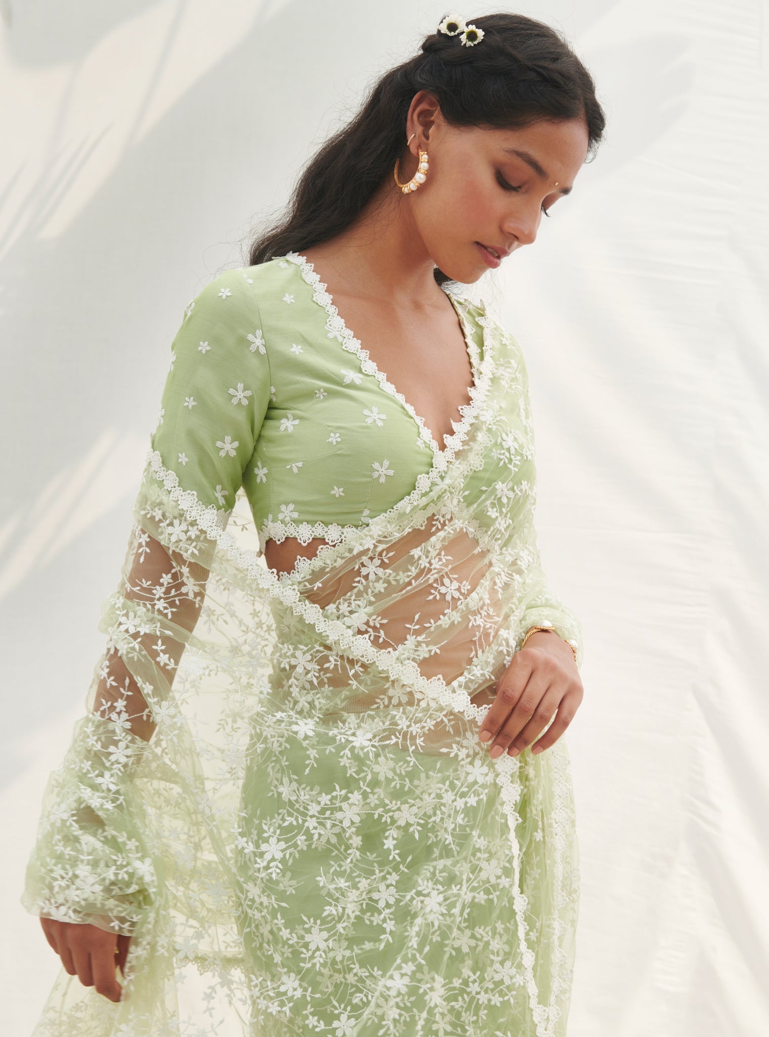 Mulmul Net Mayna Green Saree