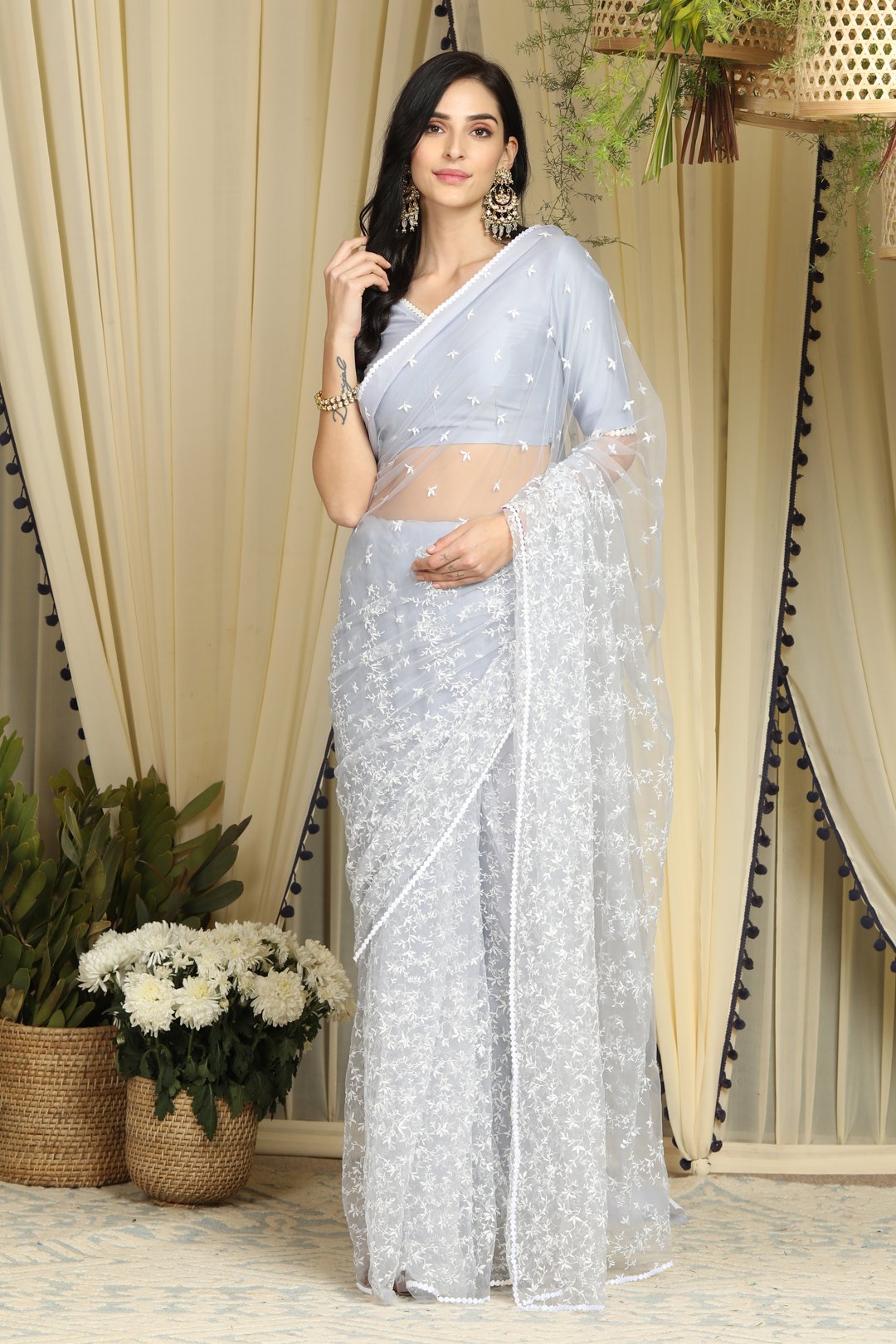 Mulmul Net Embroidered Blue Saree