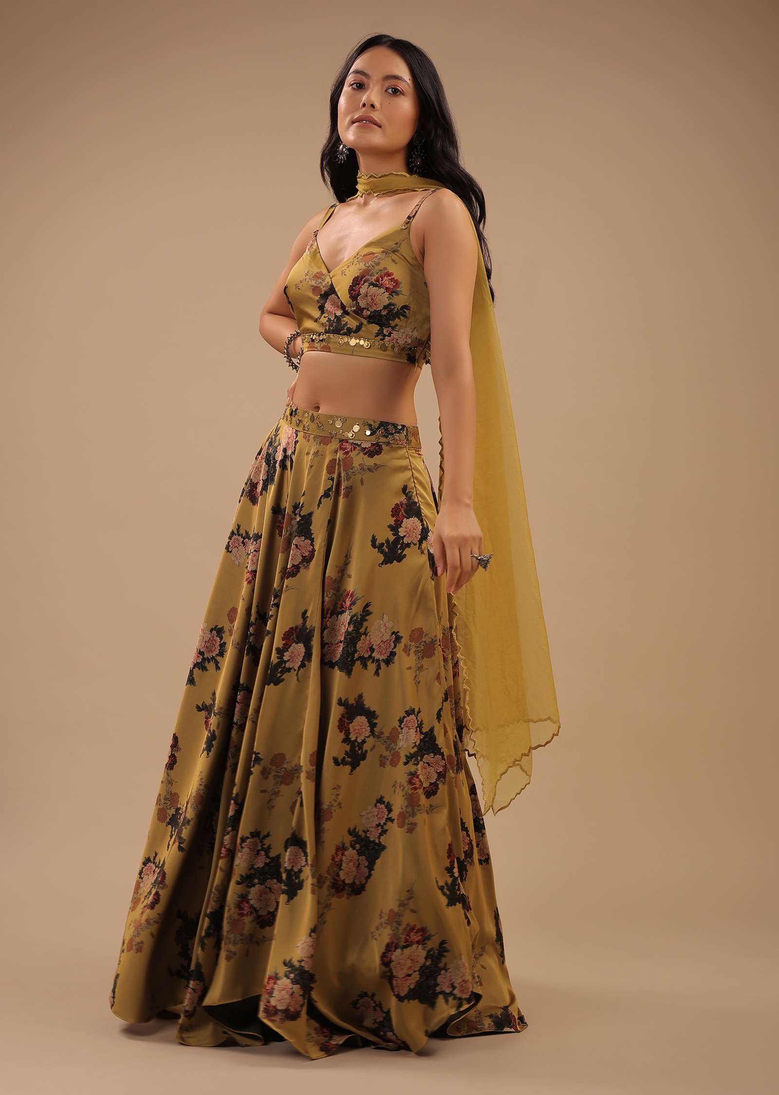 Mustard Gold Satin Crop Top And Skirt With Floral Print And Scallop Cut Hemline
