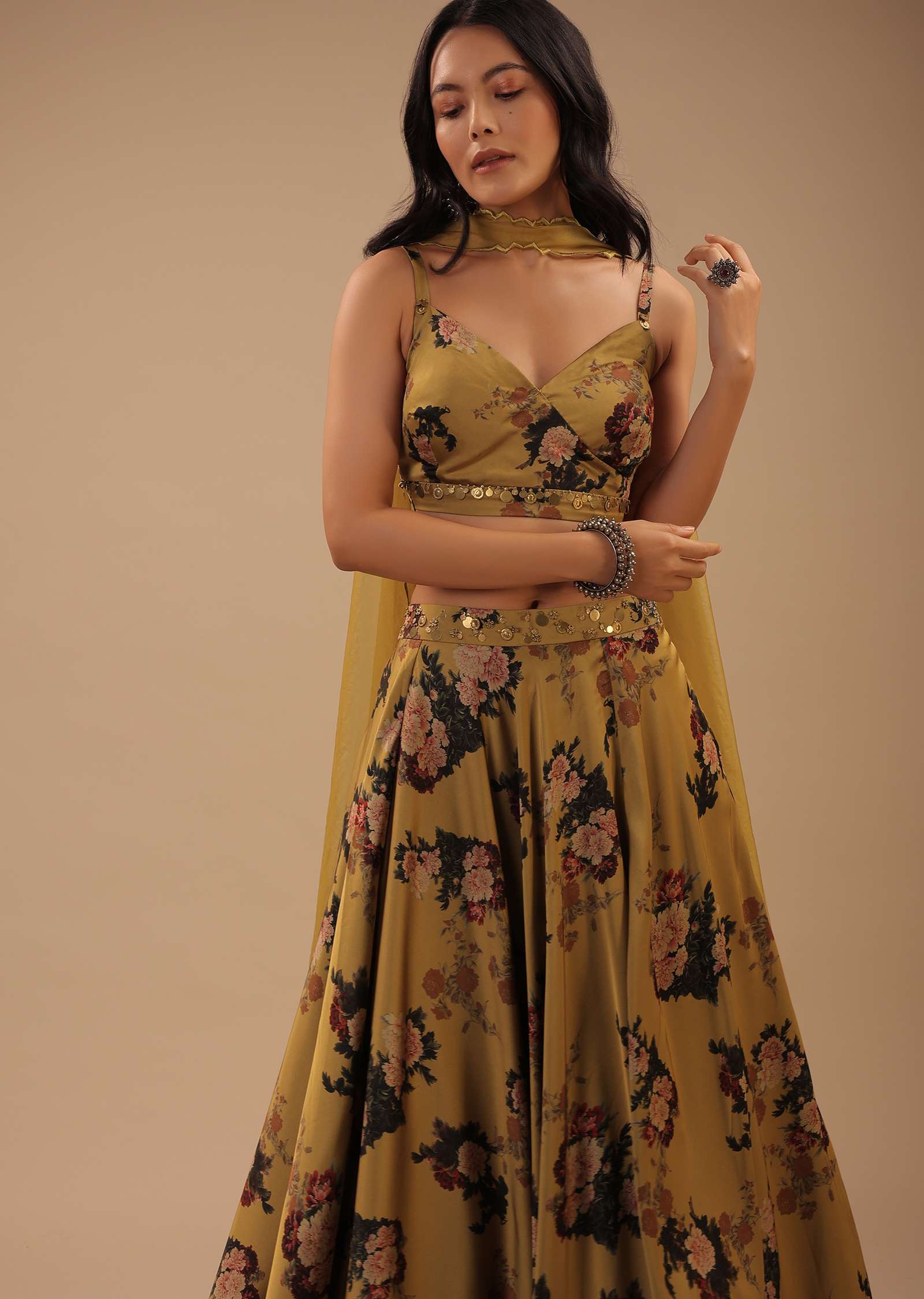Mustard Gold Satin Crop Top And Skirt With Floral Print And Scallop Cut Hemline