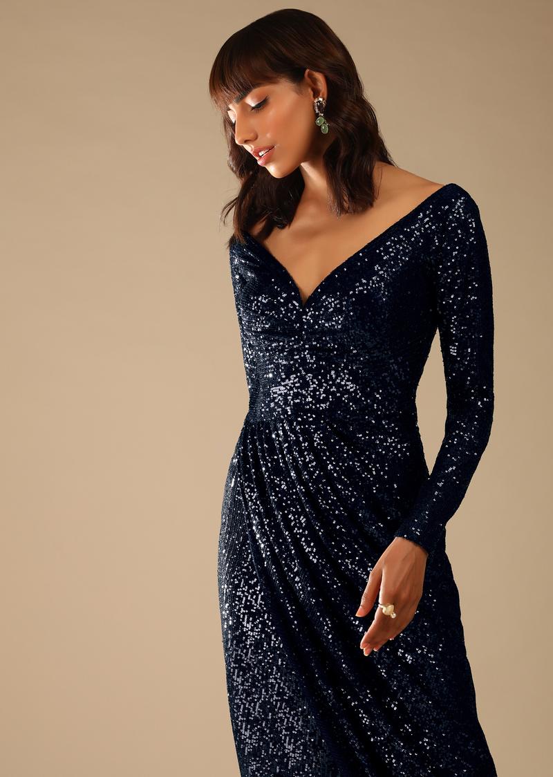 Navy Blue Gown Embellished In Sequins With Plunging Neckline And Cowl Draped Overlapping Slit