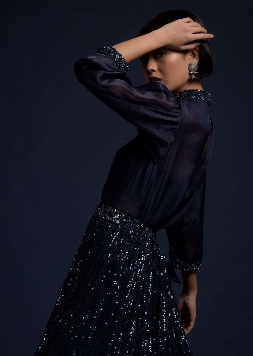 Navy Blue Lehenga Embellished In Sequins With A Matching Organza Top And Sequins Bustier