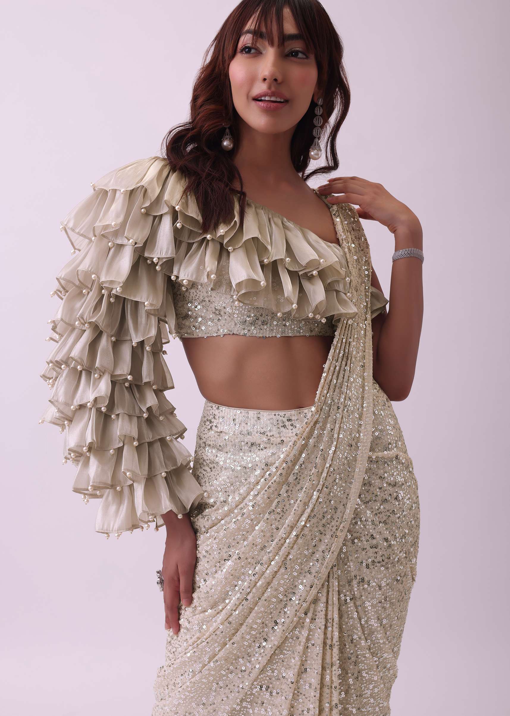 Off-White Pre Stitched Sequins Saree And Blouse With Pearl Finish