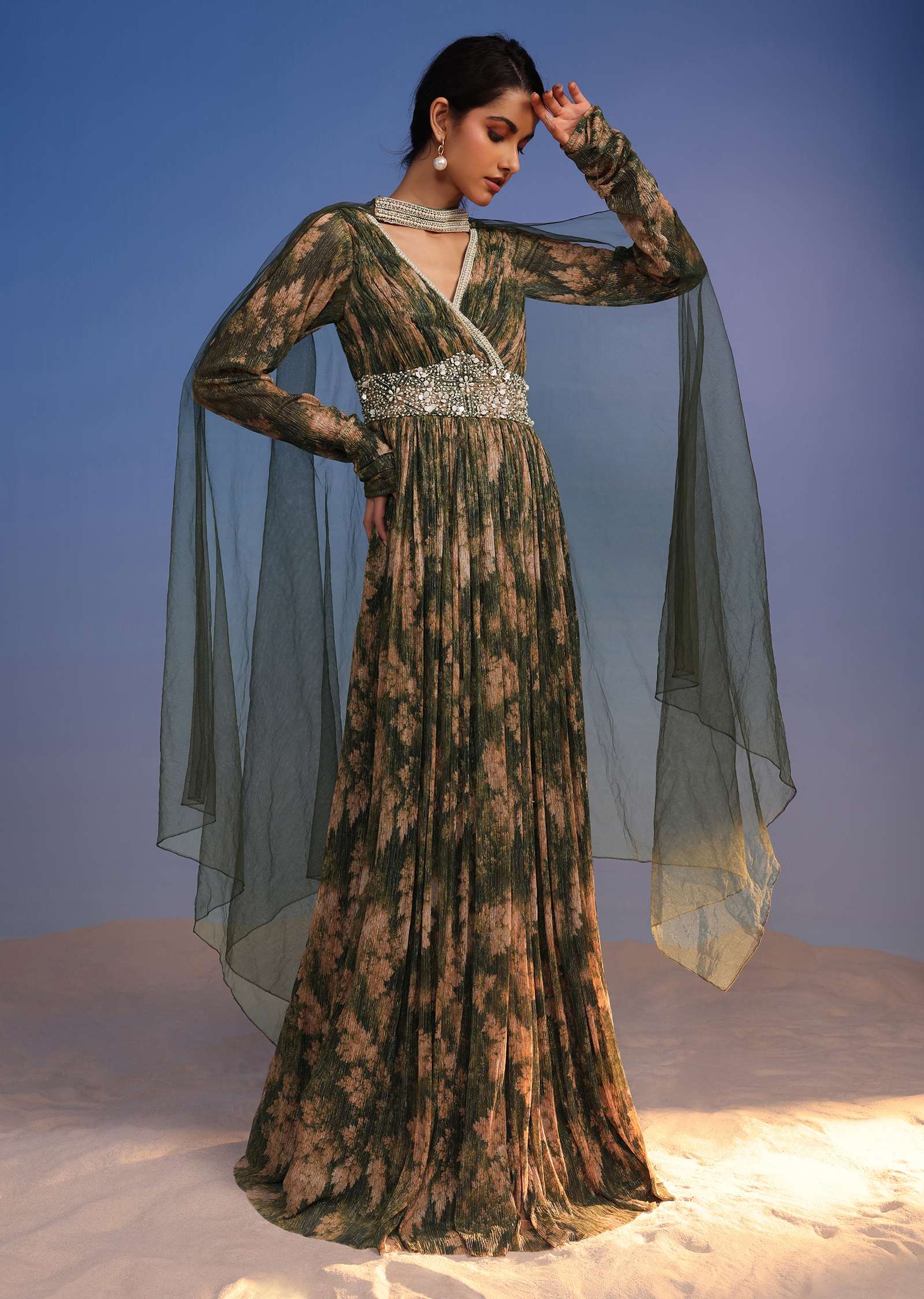 Olive Green Anarkali Suit In Crush With Floral Print And Embroidered Choker Dupatta