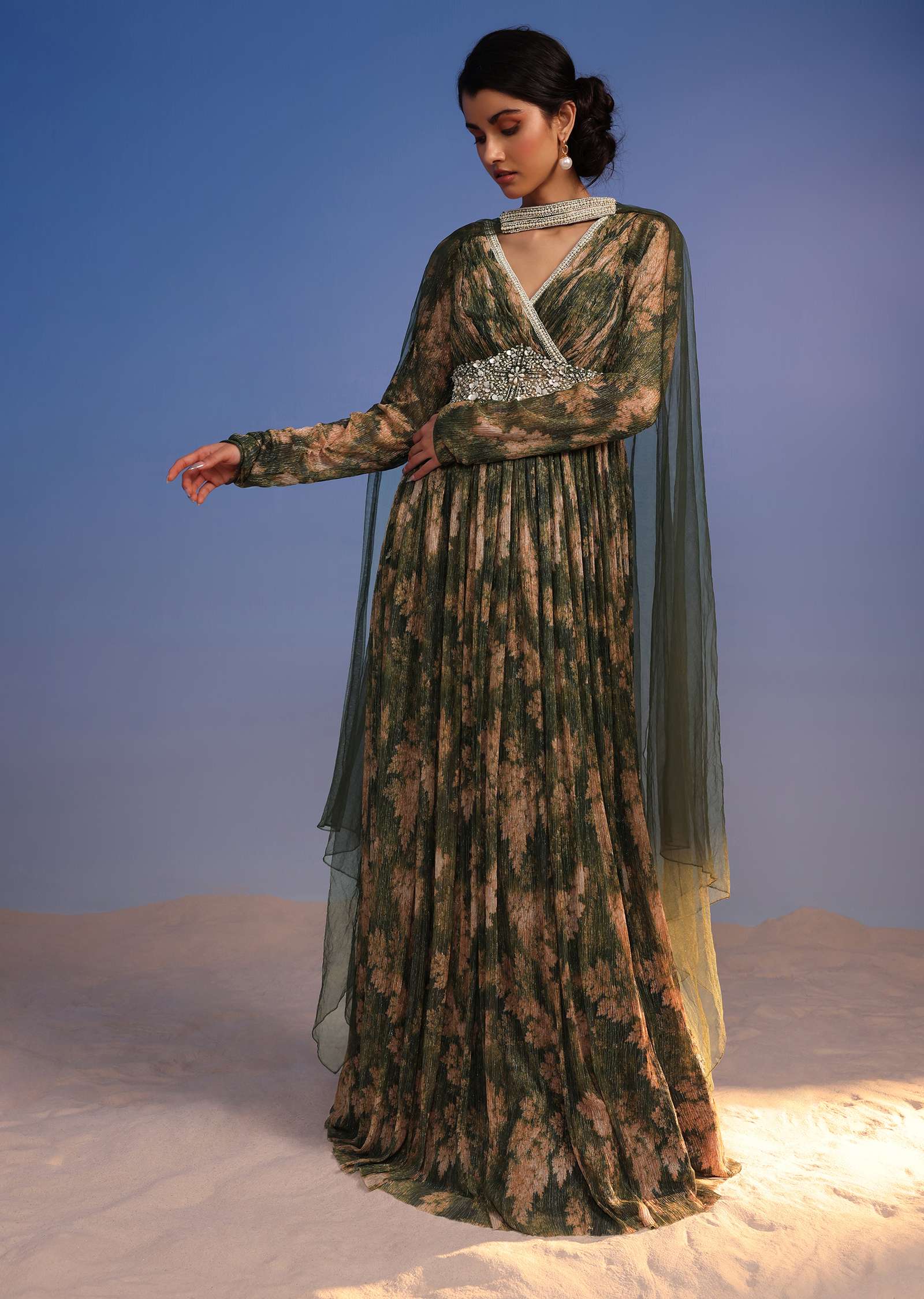 Olive Green Anarkali Suit In Crush With Floral Print And Embroidered Choker Dupatta