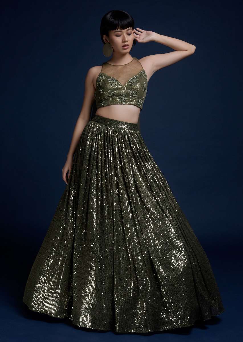 Olive Green Lehenga Embellished In Sequins And Cut Dana Embellished Crop Top With Attached Net Cape