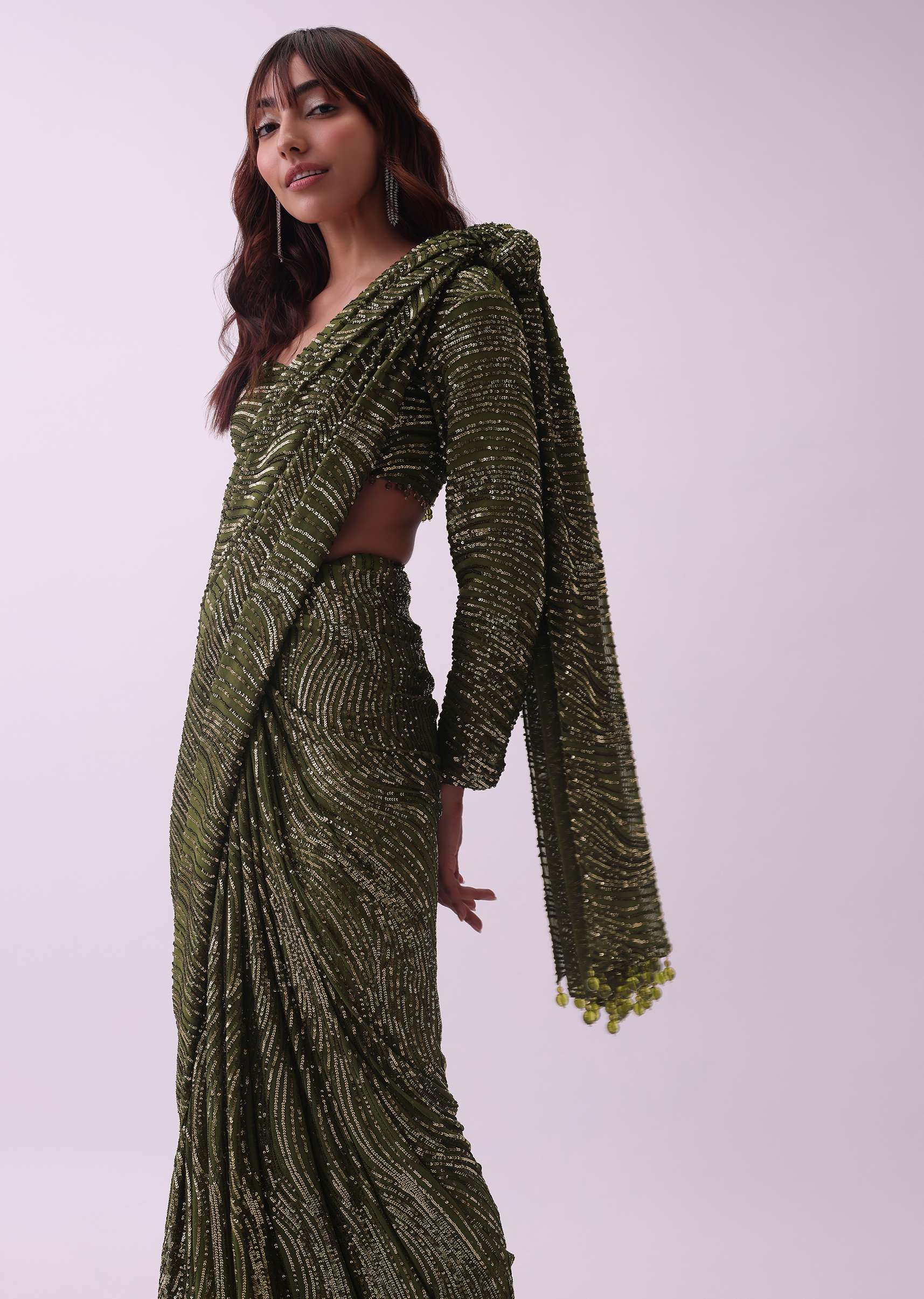 Olive Green Saree And Stitched Blouse With Hanging Crystals