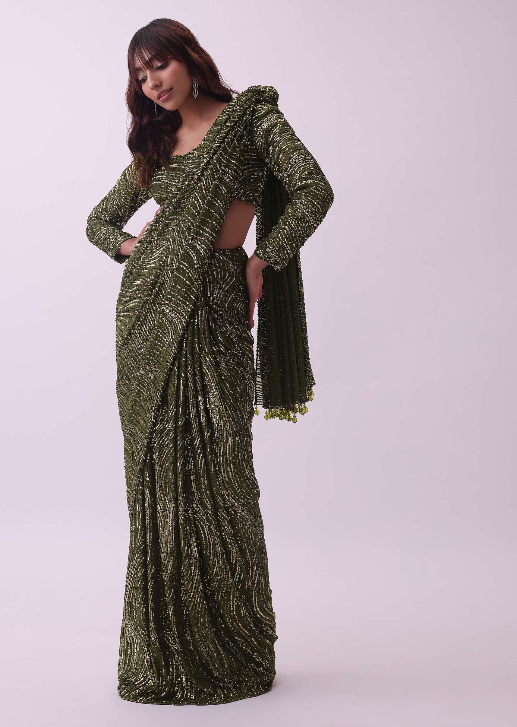 Olive Green Saree And Stitched Blouse With Hanging Crystals