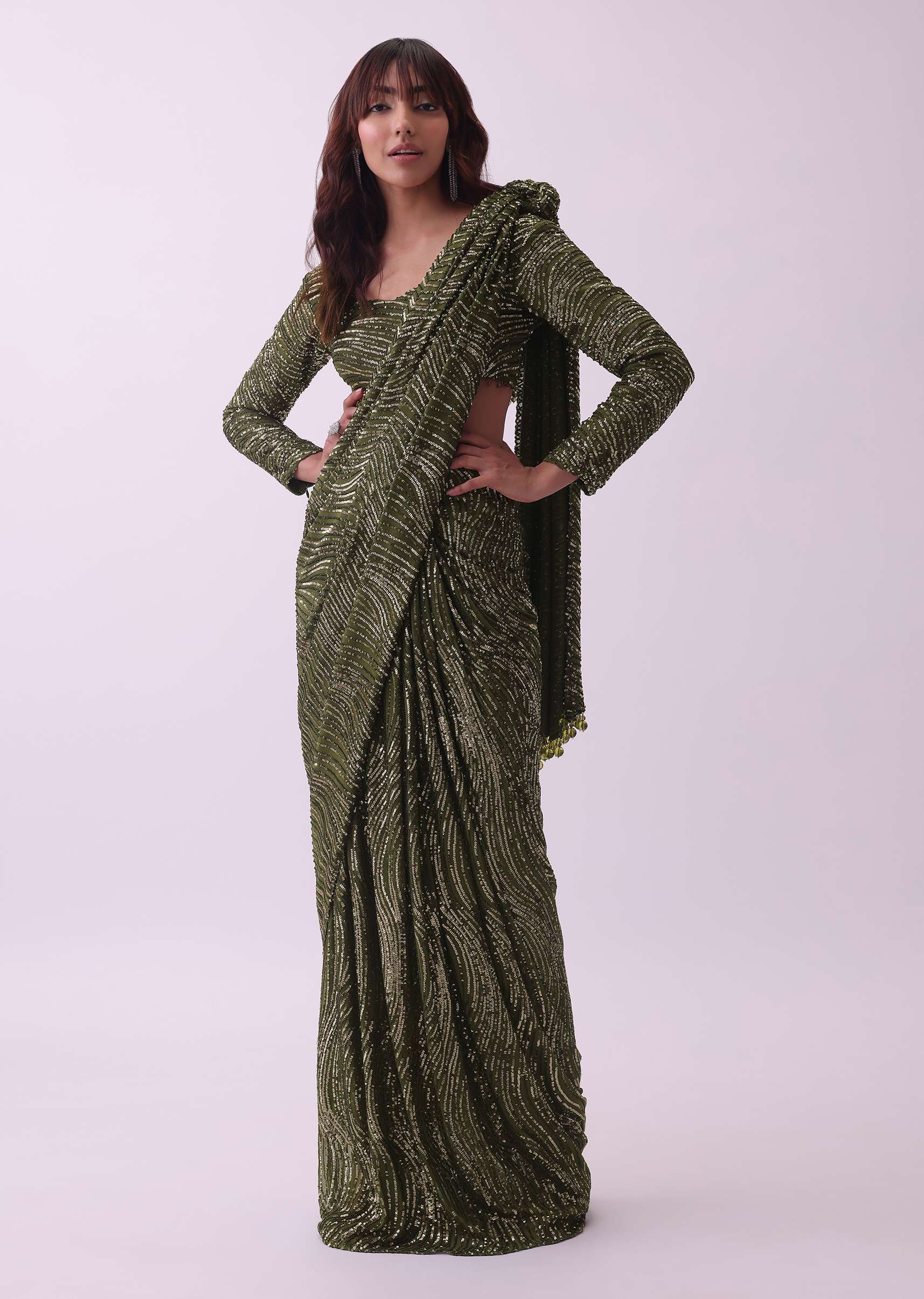 Olive Green Saree And Stitched Blouse With Hanging Crystals