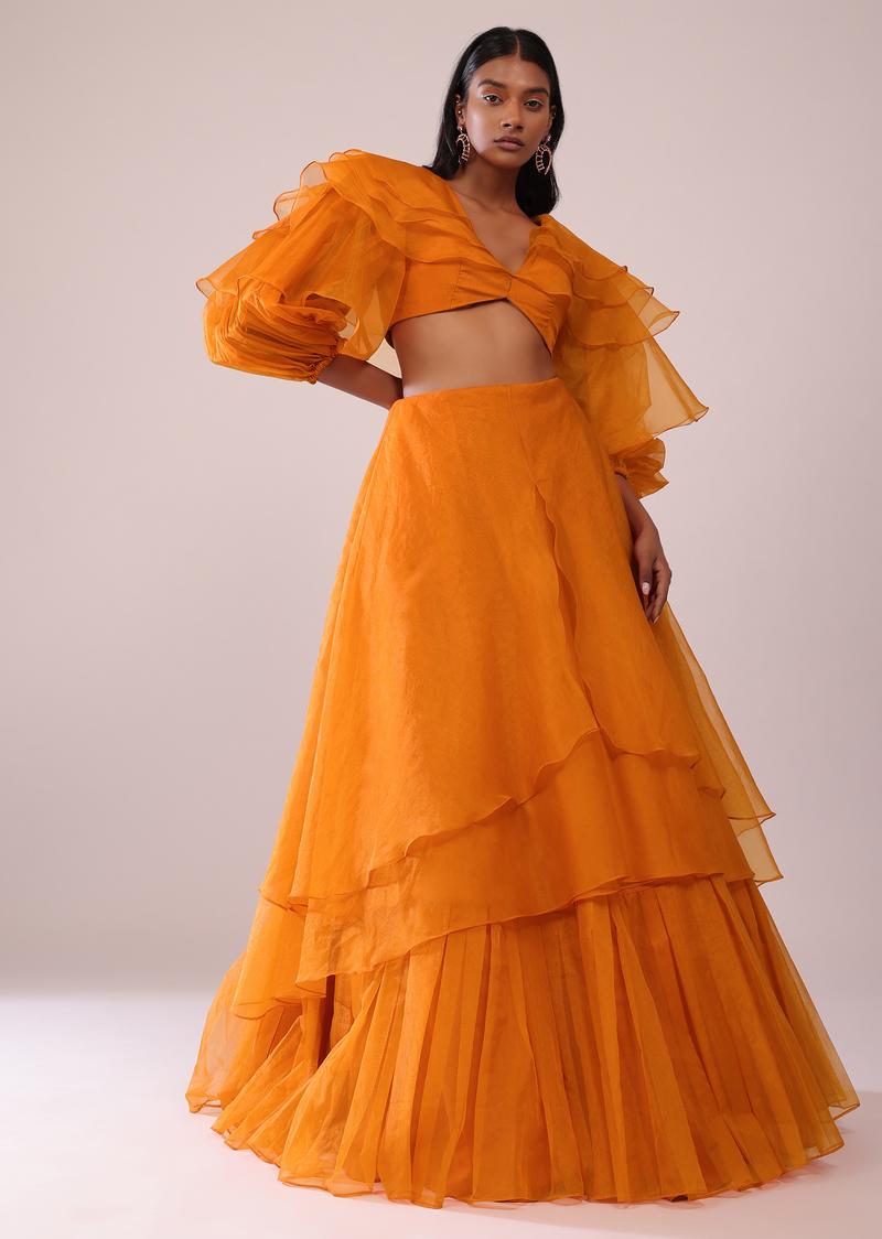 Orange Layered Top And Lehenga Set In Organza