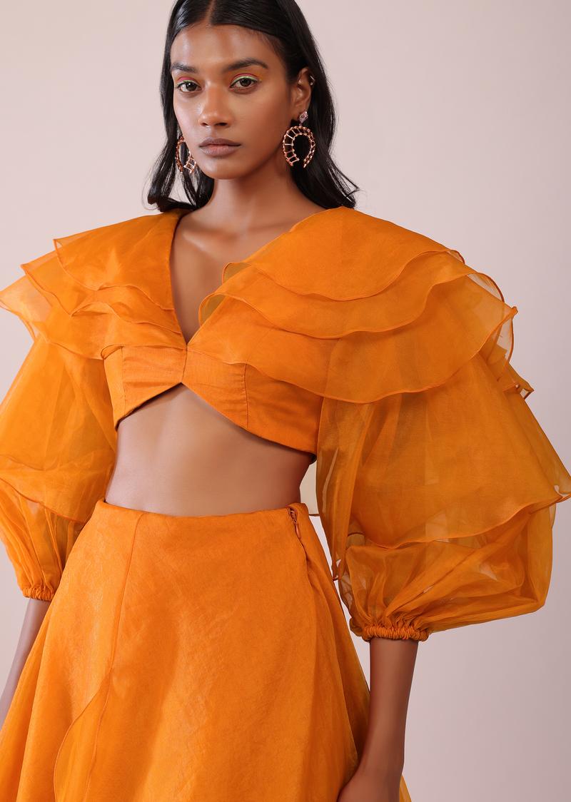 Orange Layered Top And Lehenga Set In Organza