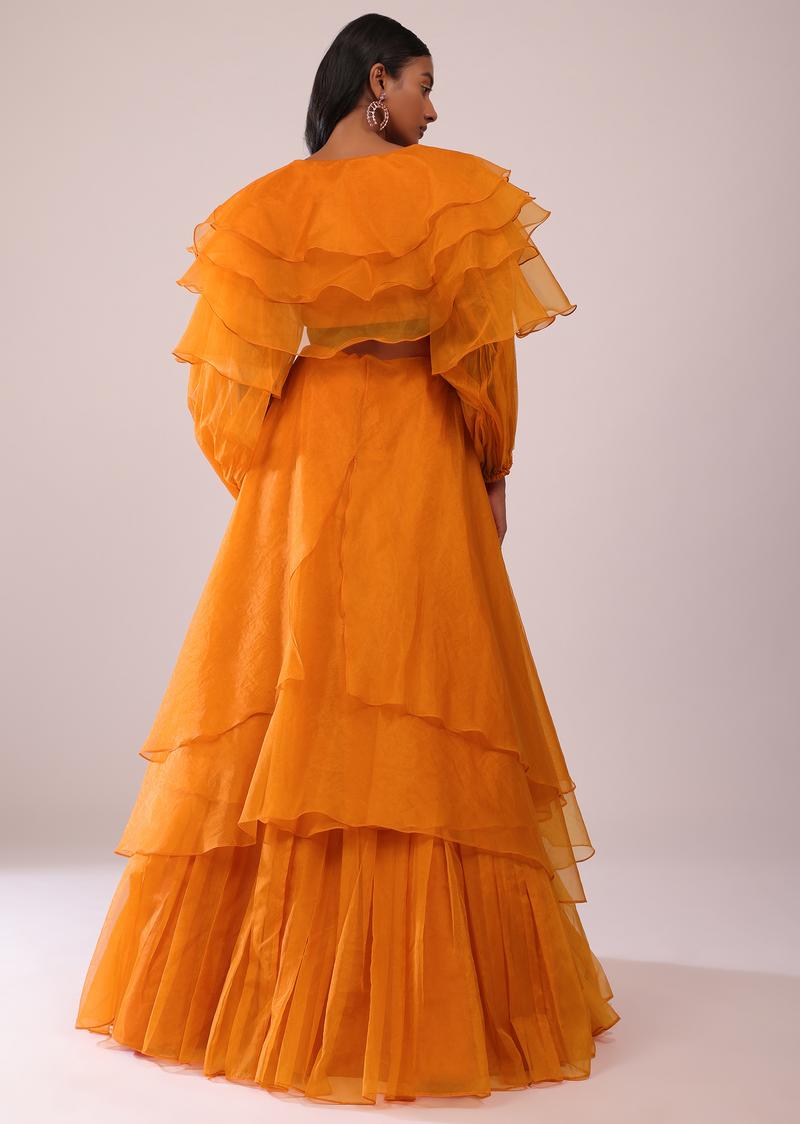 Orange Layered Top And Lehenga Set In Organza