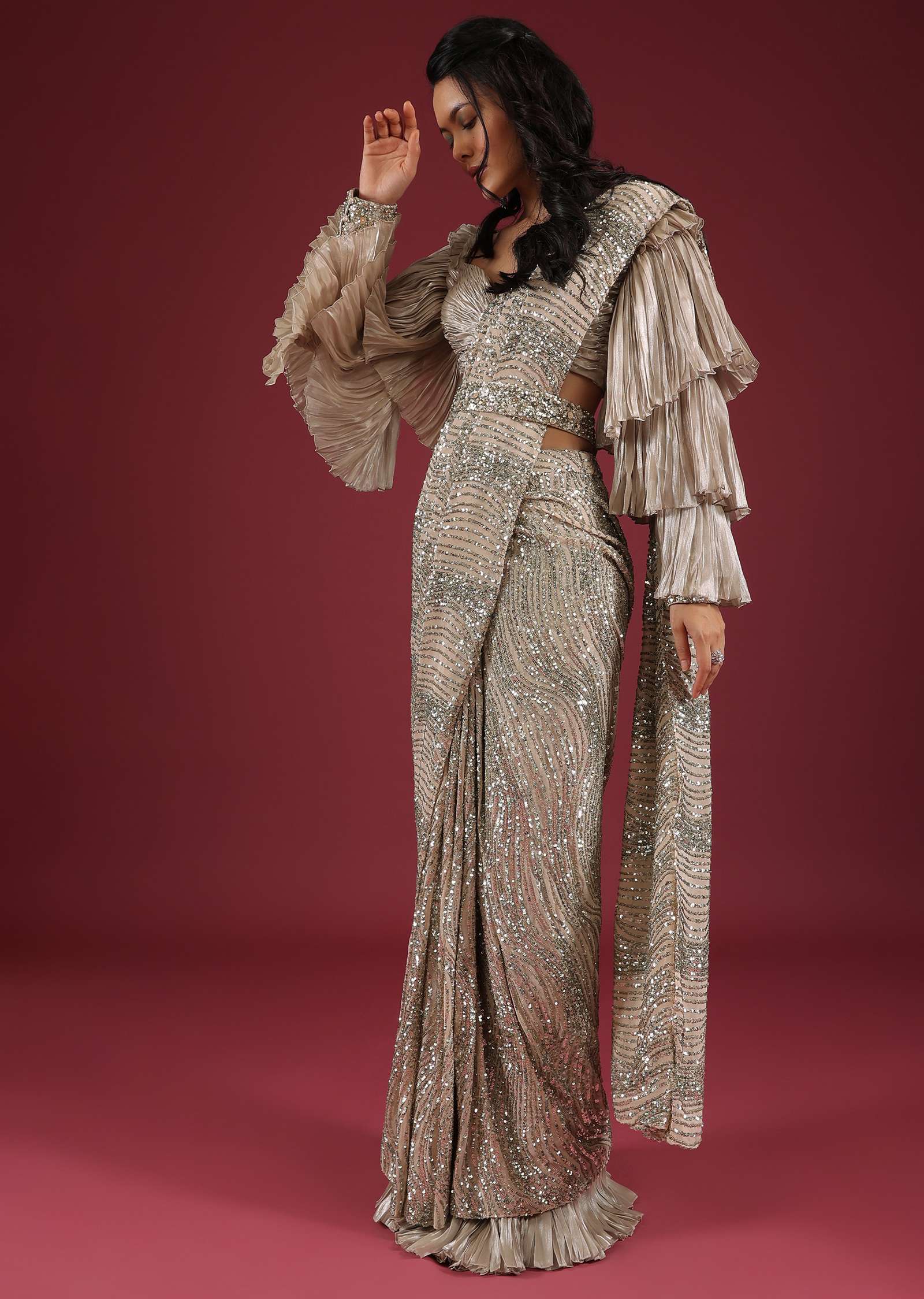 Oyster Ready Pleated Saree In Sequins Embroidery, Crafted In Net With A Side Zip Closure