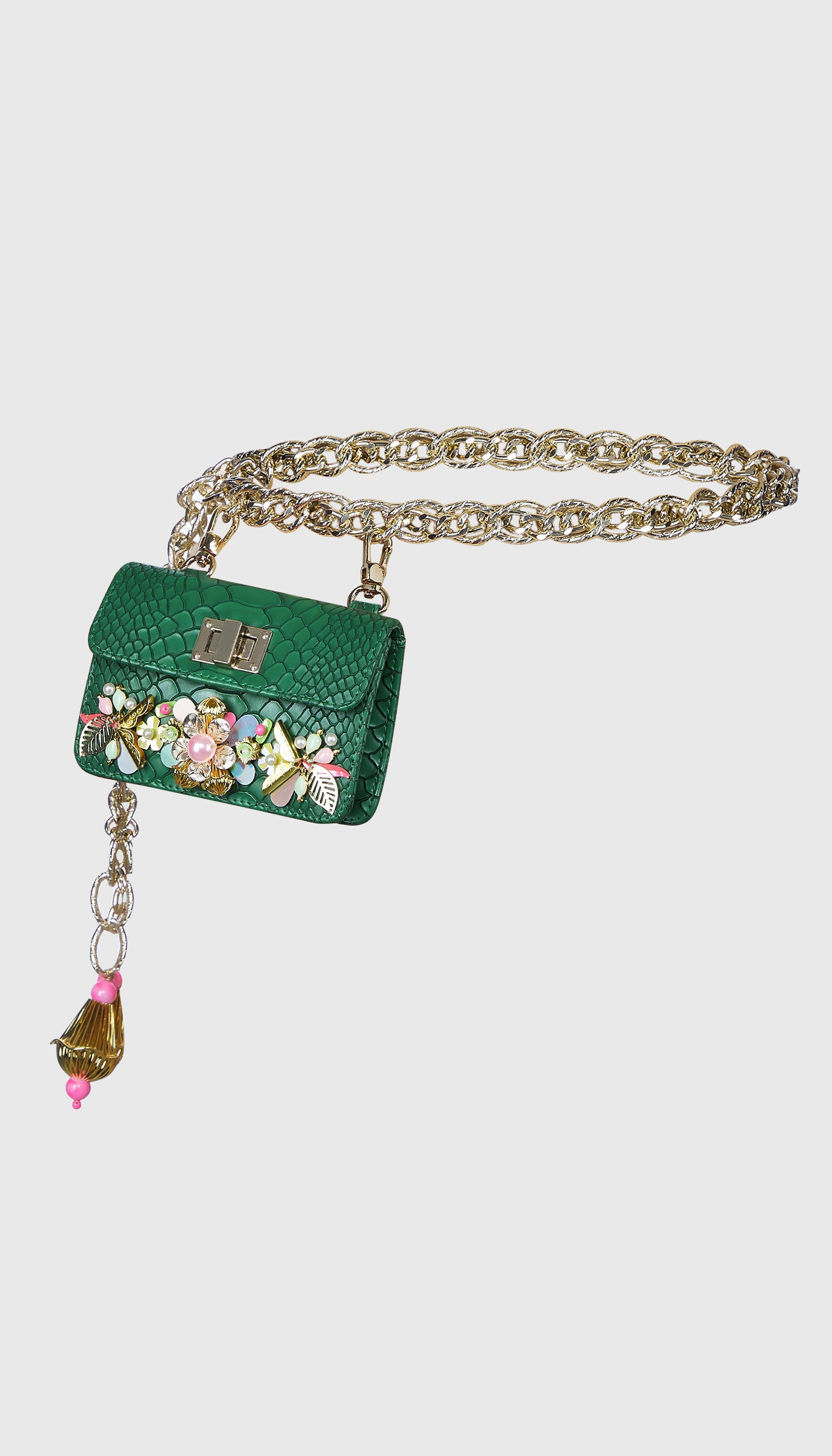 Green Chain-Link Embellished Belt Bag