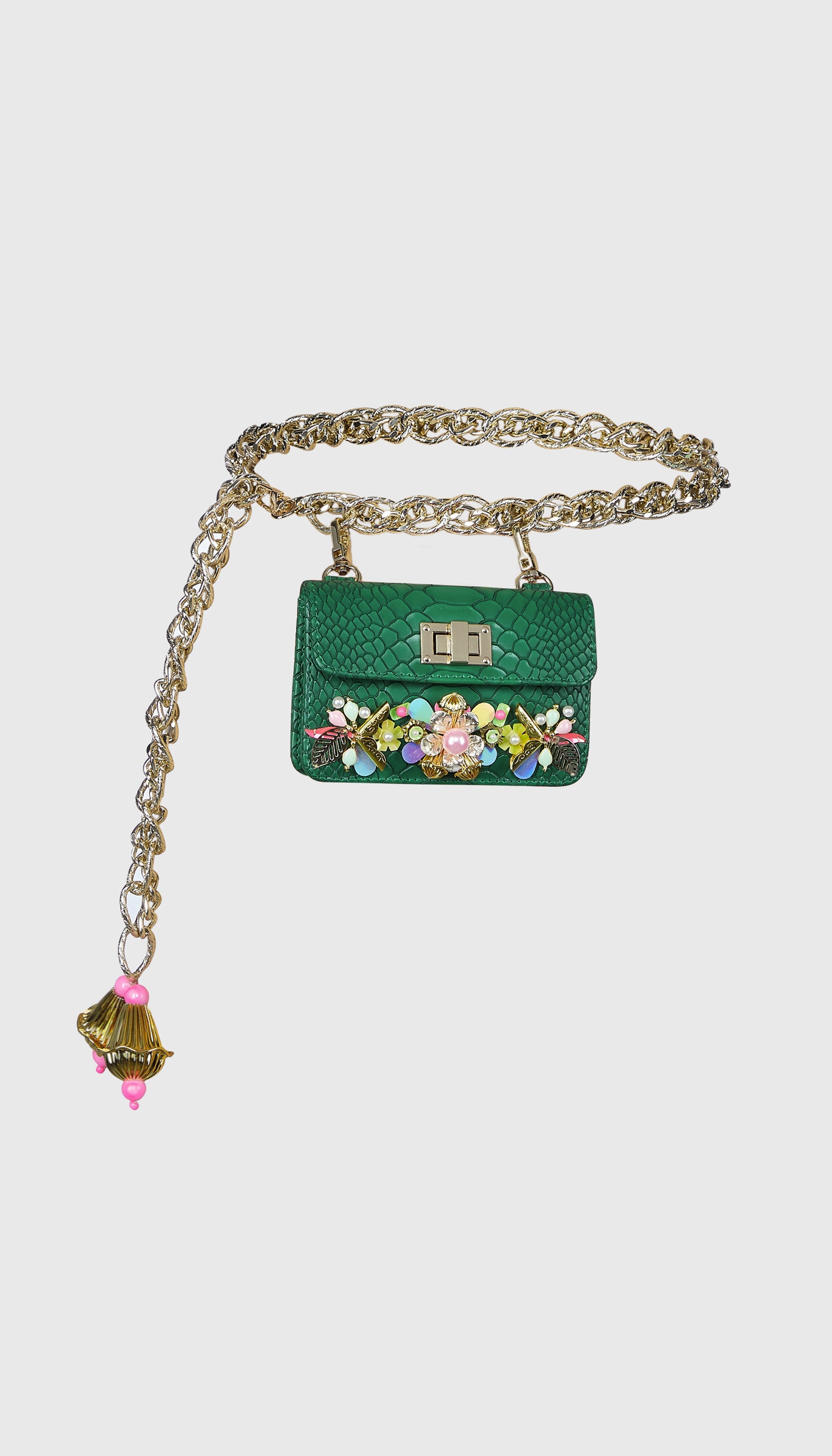 Green Chain-Link Embellished Belt Bag