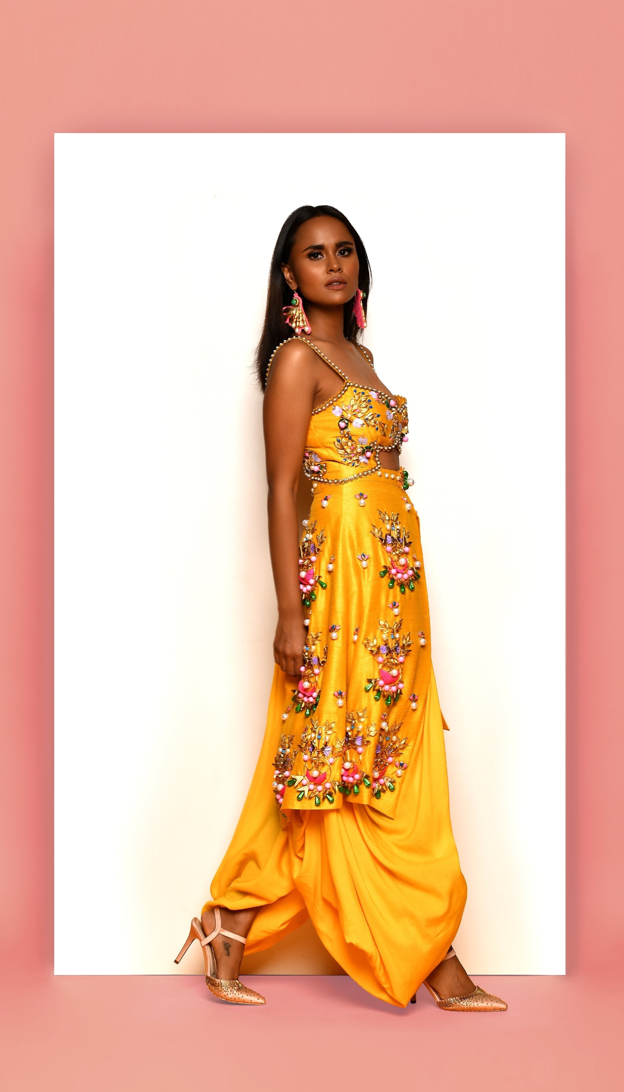 Mindy Kaling - Mustard Yellow Embellished Dhoti Jumpsuit