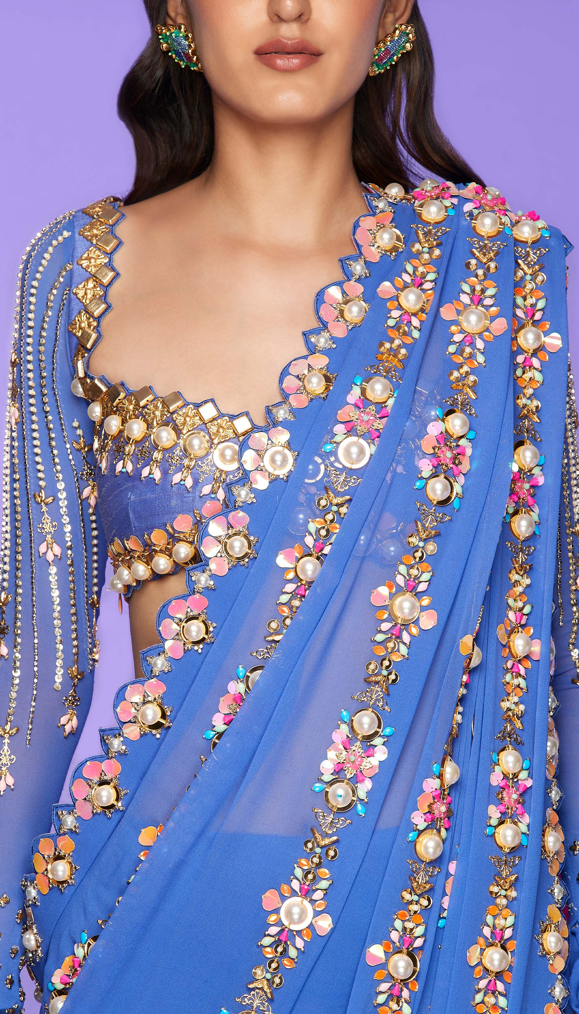 Chrissy- Blue Pre-Stitched Embellished Saree Set