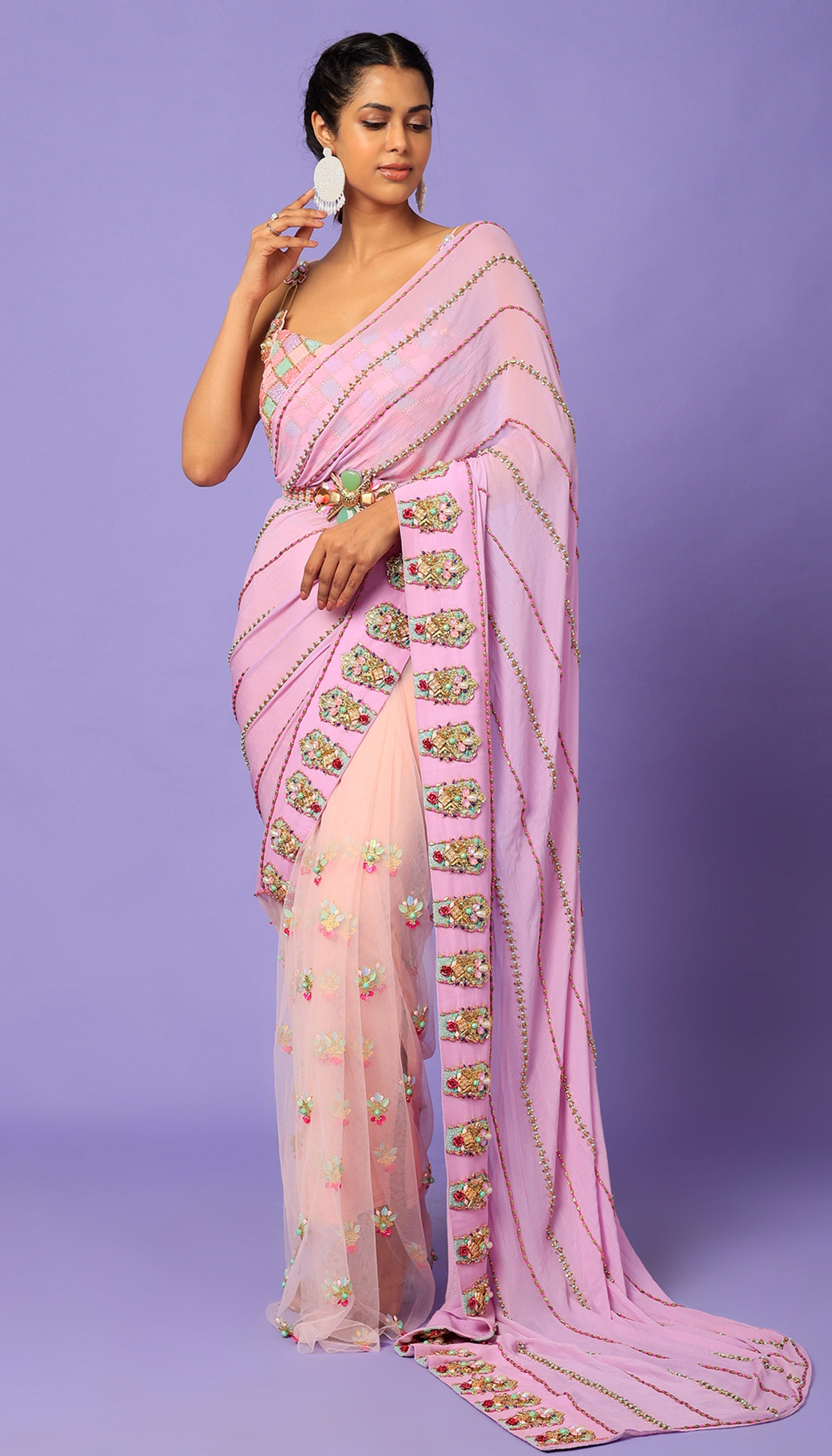 Keeping My Tabs - Blush Pink Pre-Stitched Saree Set