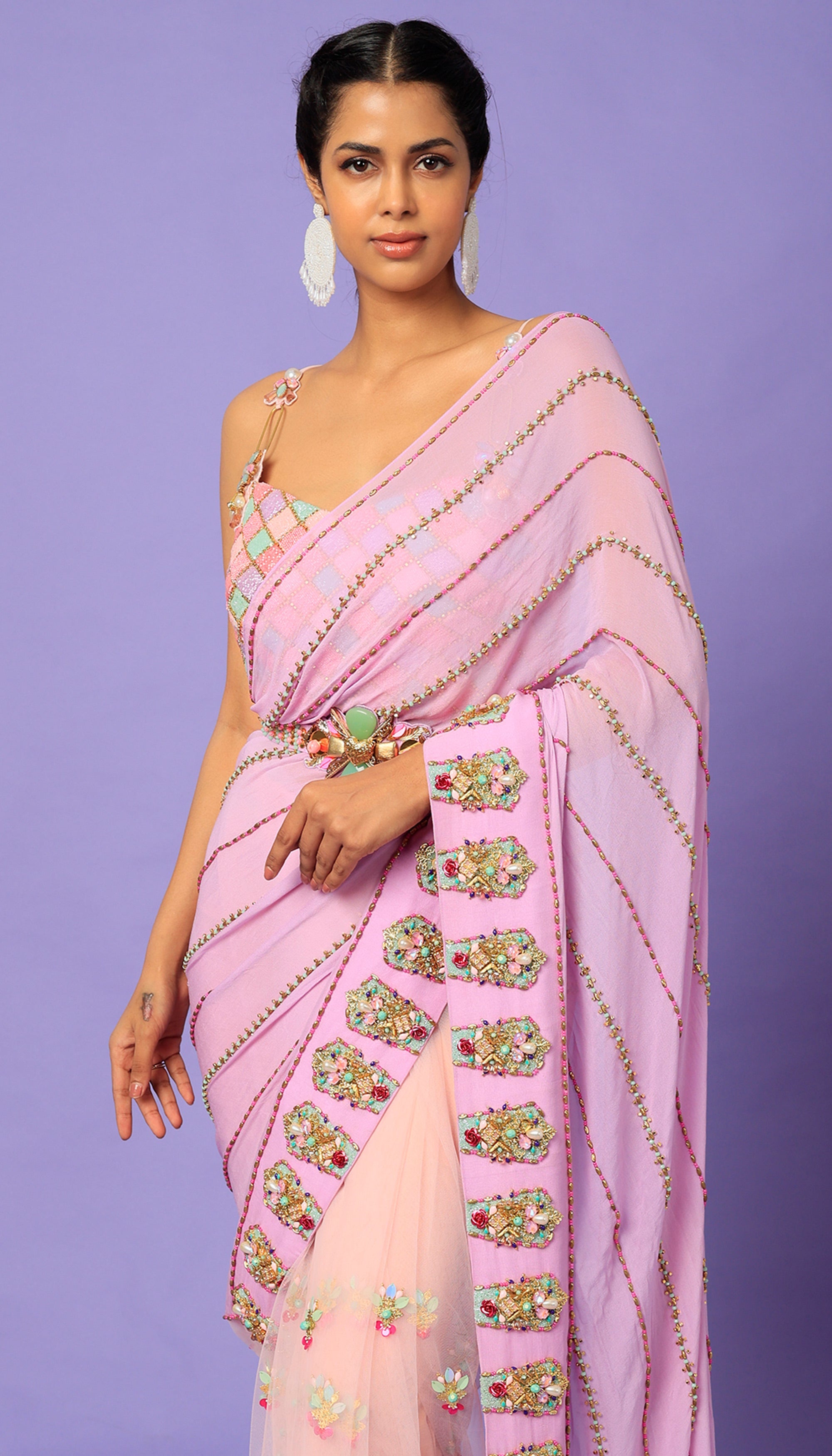 Keeping My Tabs - Blush Pink Pre-Stitched Saree Set