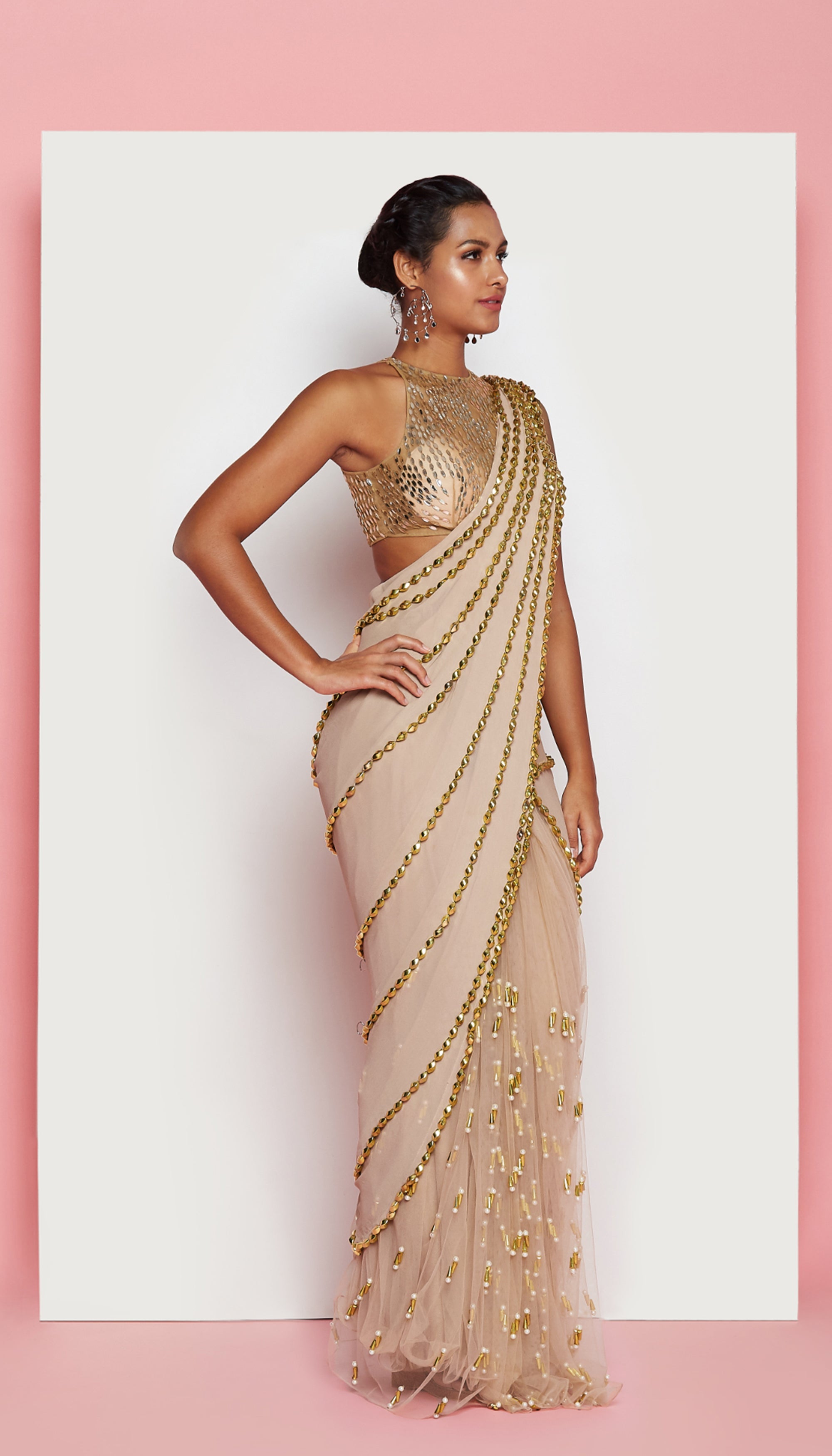 Rock N Rolla - Nude Embellished Pre-Stiched Saree Set