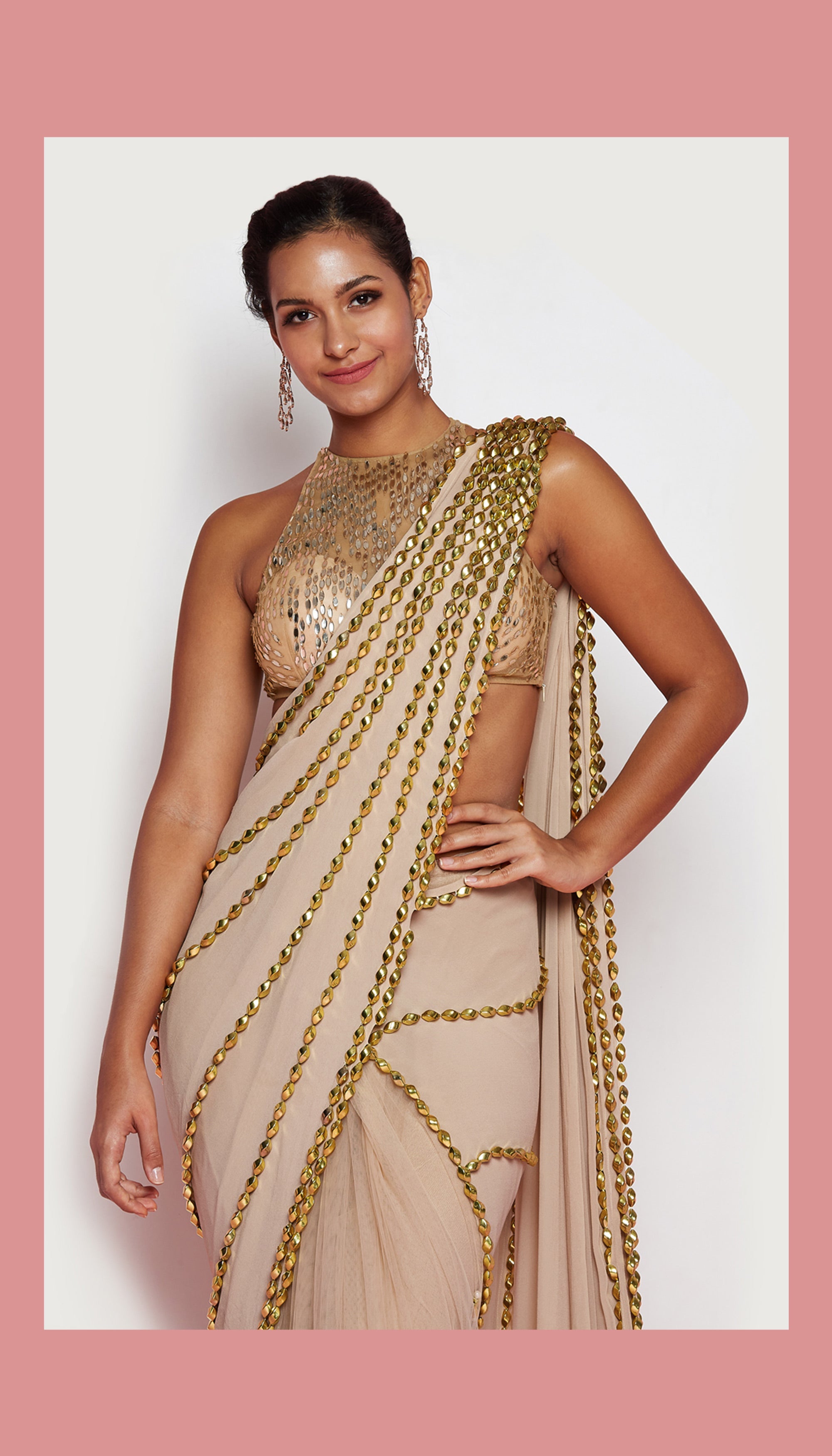 Rock N Rolla - Nude Embellished Pre-Stiched Saree Set