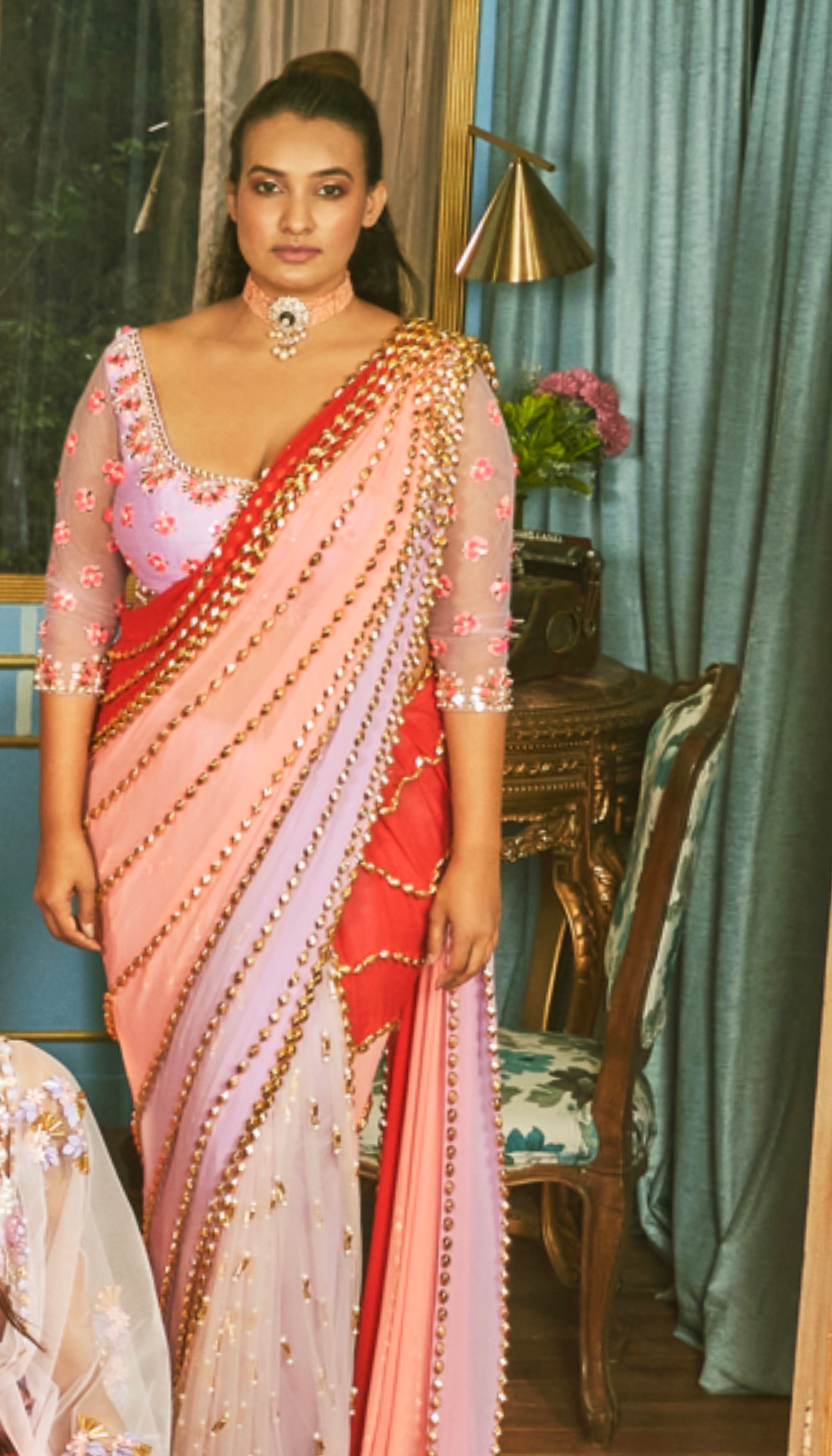 When He's Around - Multi-Colored Embellished Pre-Stiched Saree Set