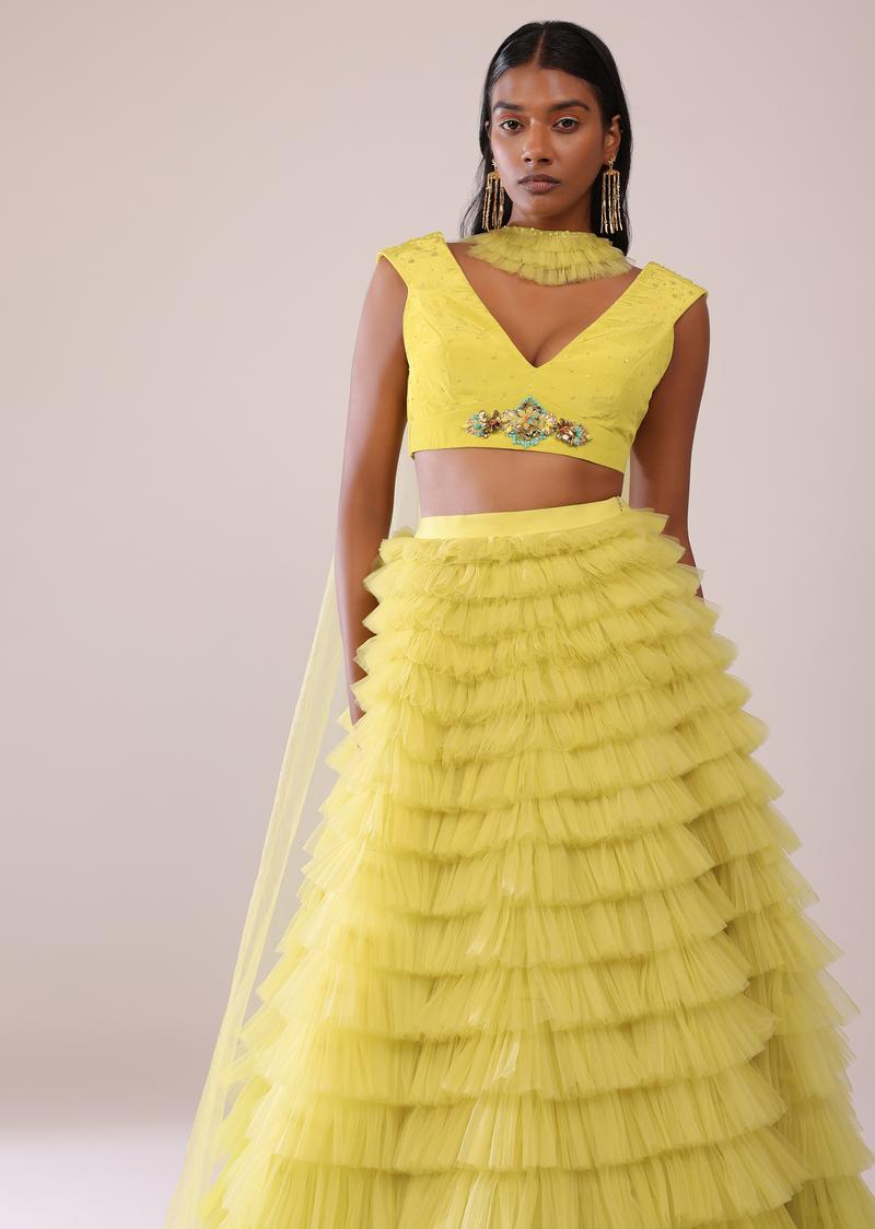 Sheen Green Frill Net Lehenga, Blouse, And Choker Set With Embroidery