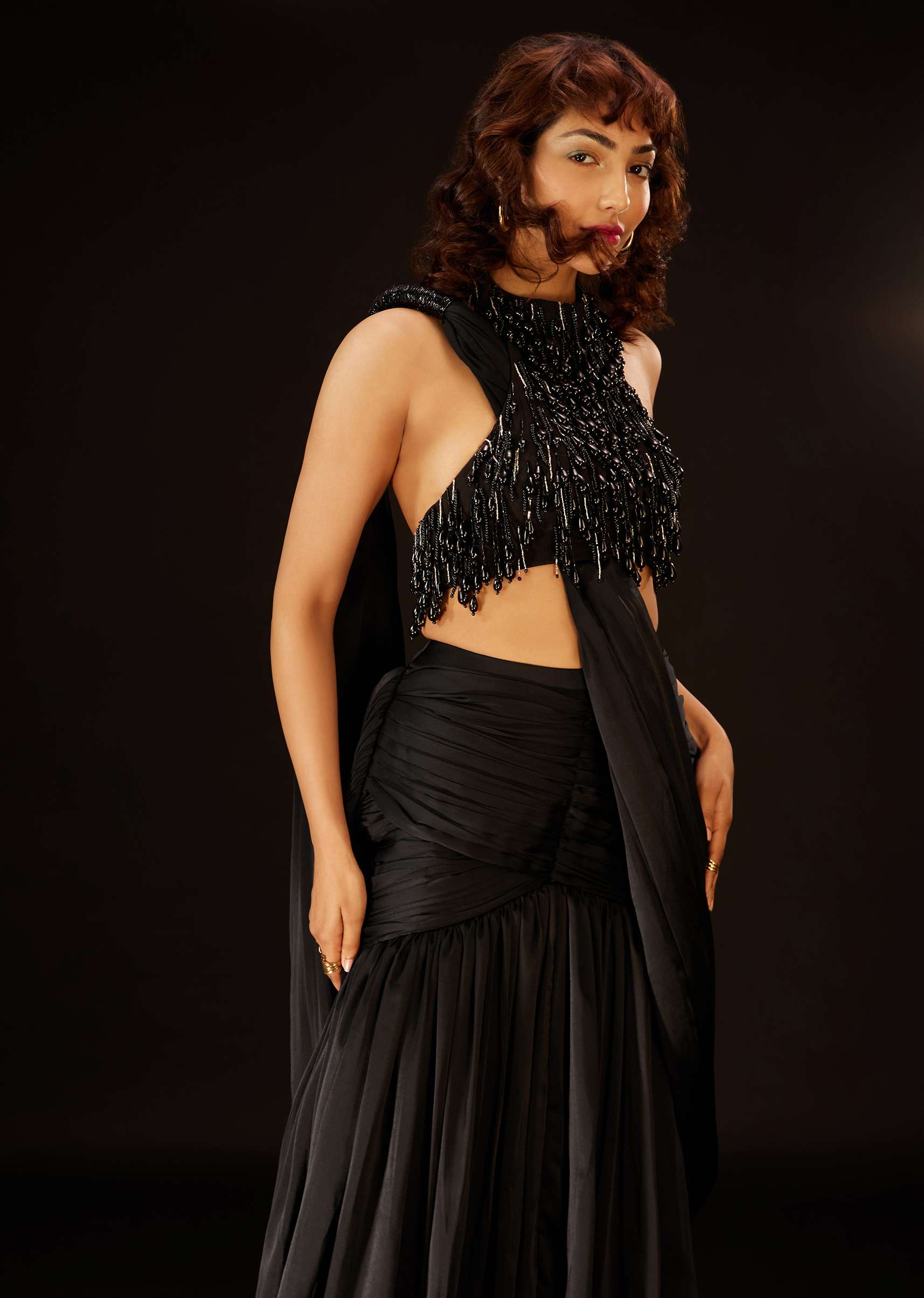 Phantom Black Pre-Pleated Saree In Satin With An Embroidered Halter Blouse - Deme X Kalki
