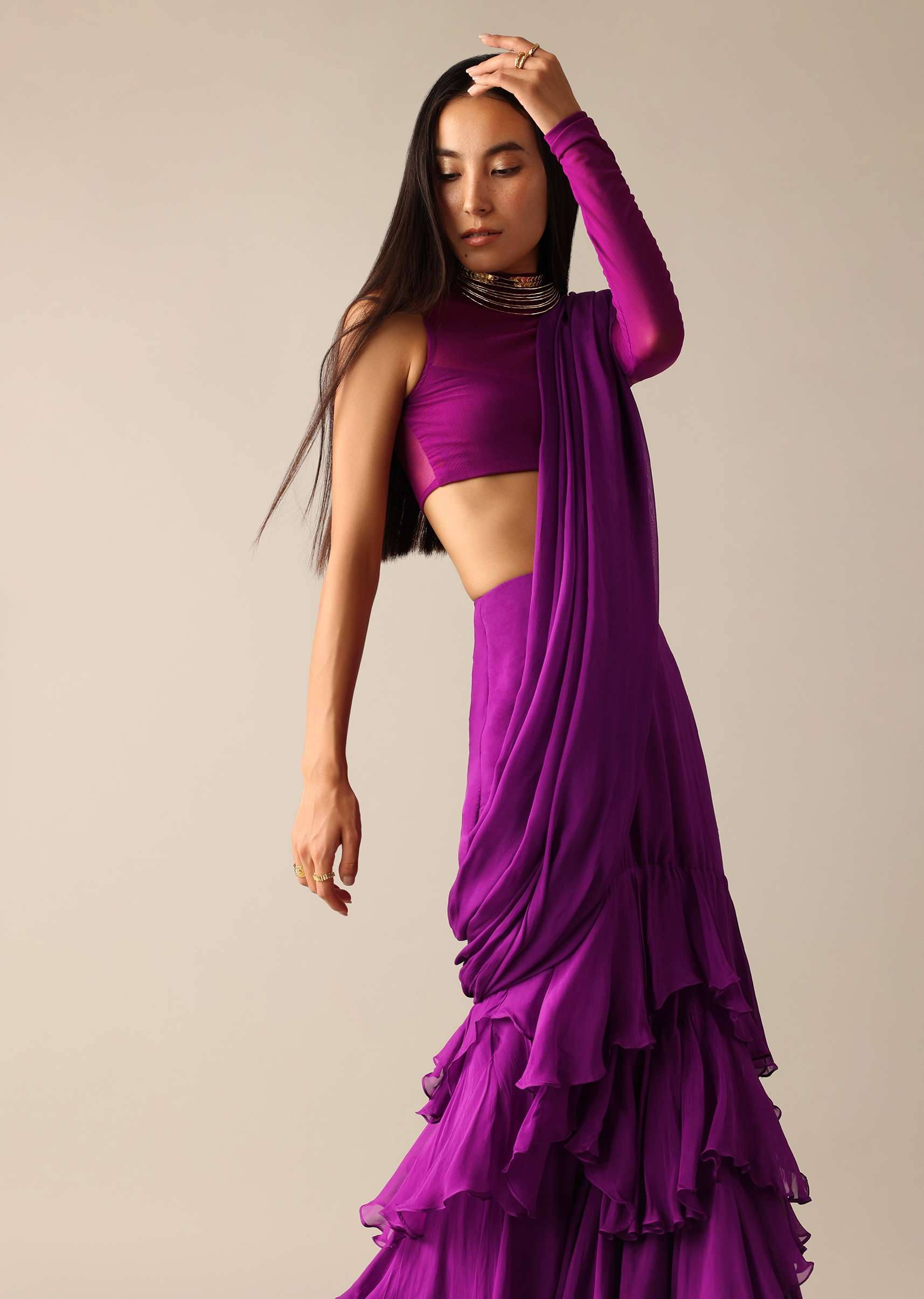 Purple Blouse With Layered Pre Draped Saree