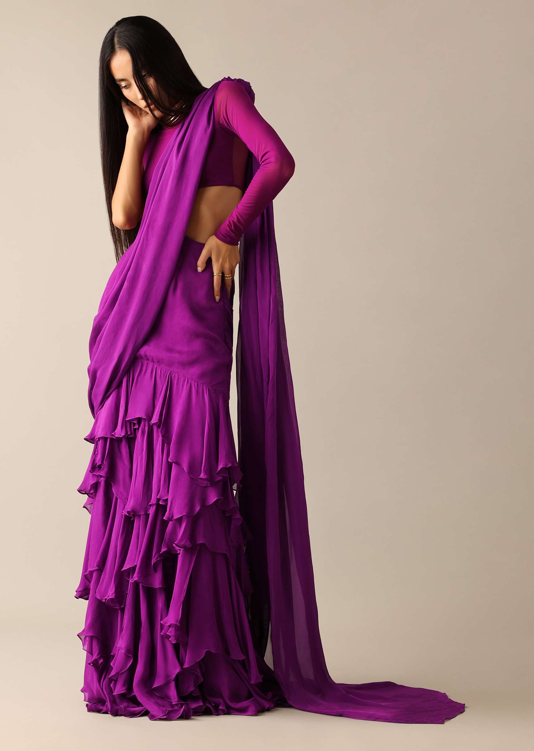 Purple Blouse With Layered Pre Draped Saree